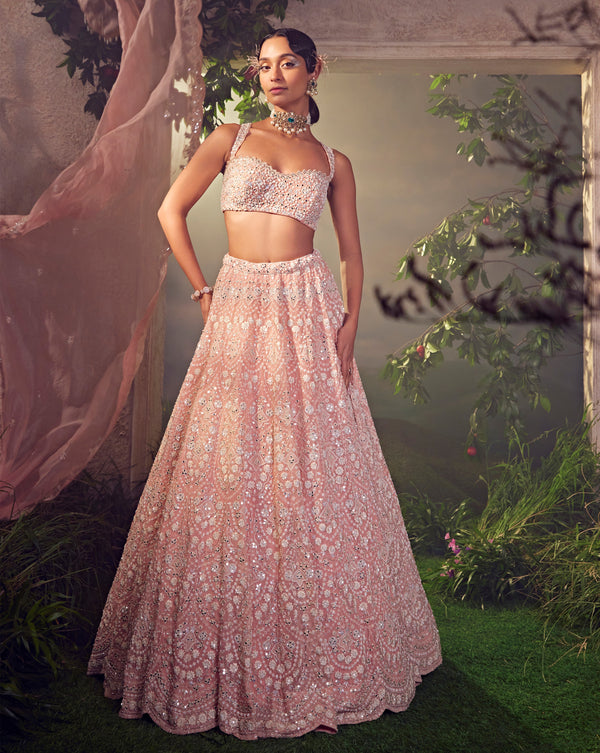 Peach frilled edge sale net lehenga choli