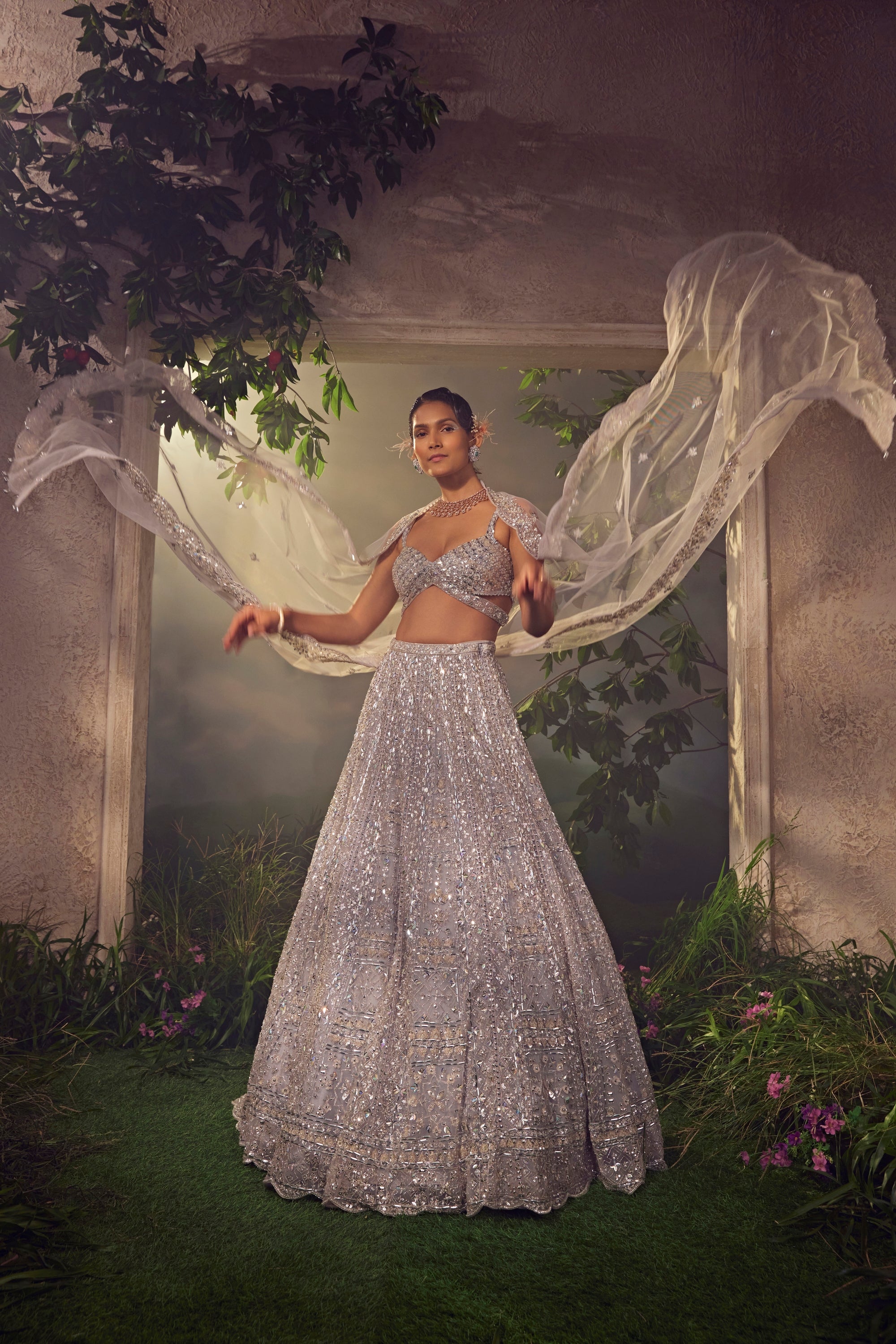 Metallic Grey Tulle Lehenga