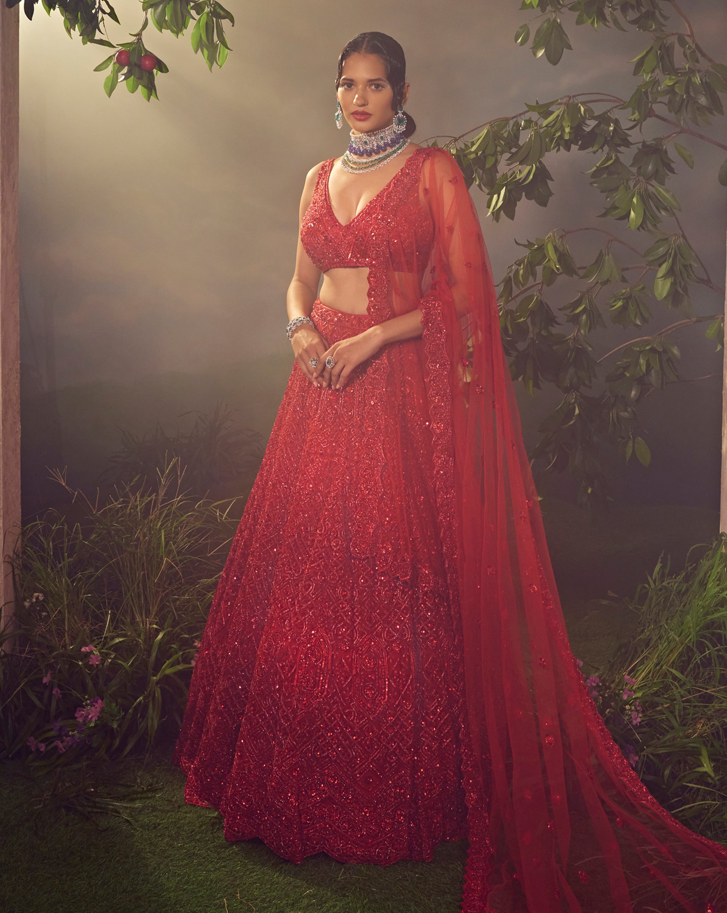 True Red Tulle Lehenga