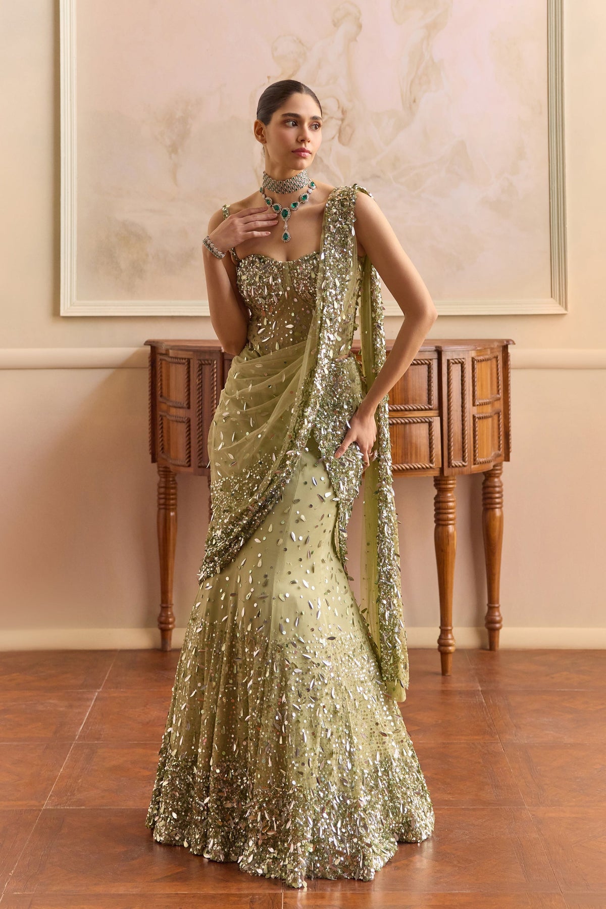 Lora Mist- Light Green Lehenga Saree