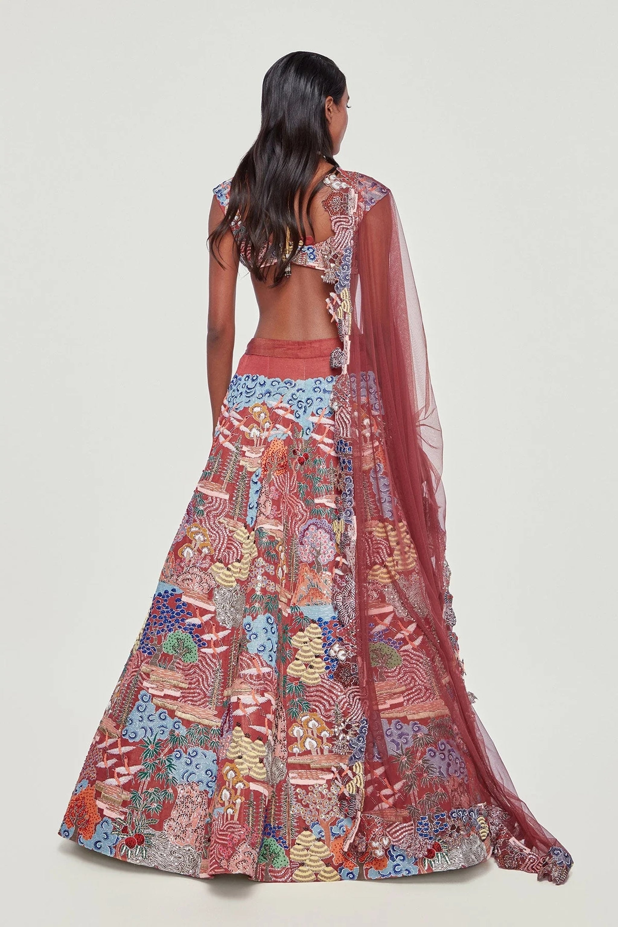 Maroon Silk Appliquéd And Embellished Lehenga With Blouse And Dupatta