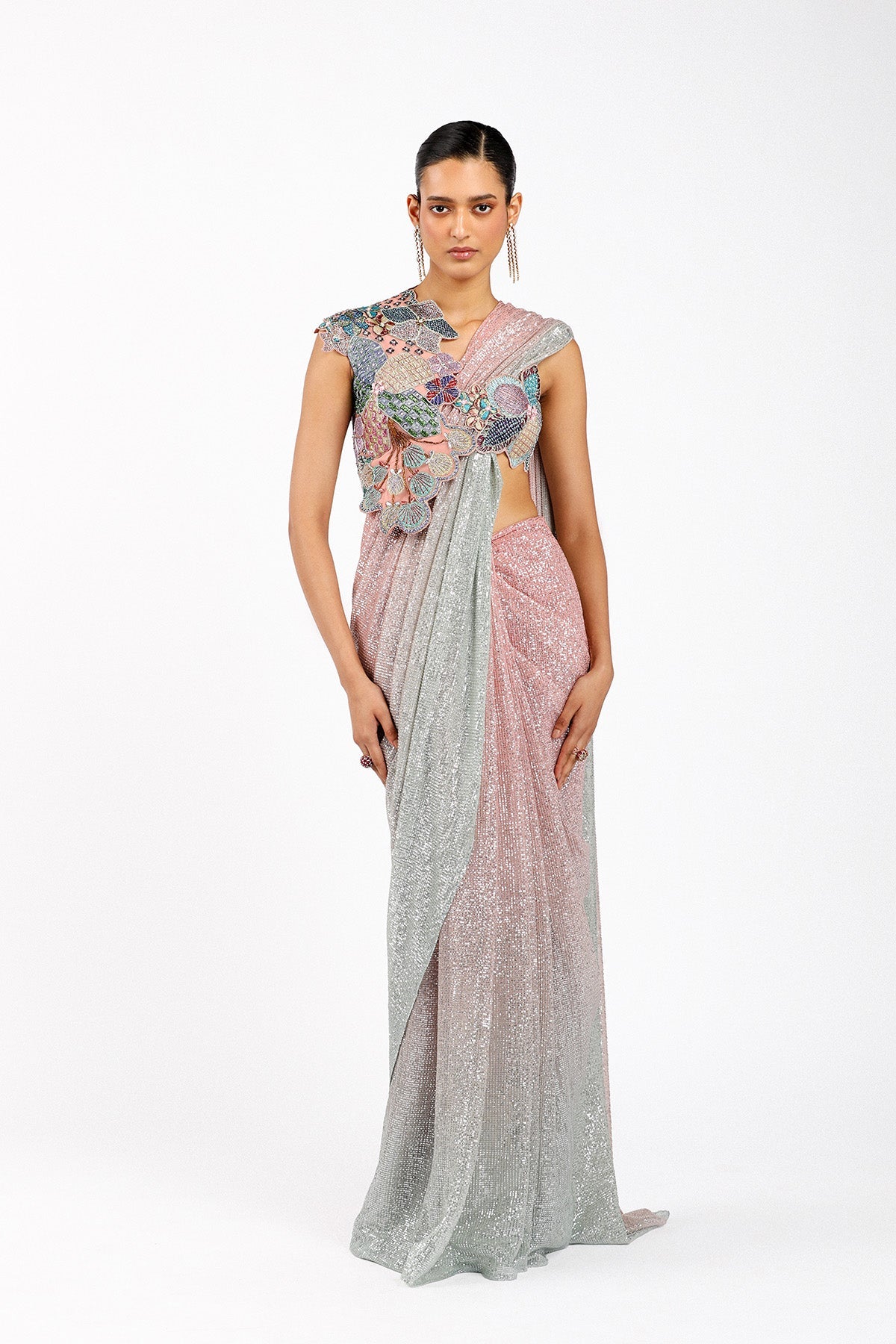 Blume - Pink- Silver Tulle draped Saree