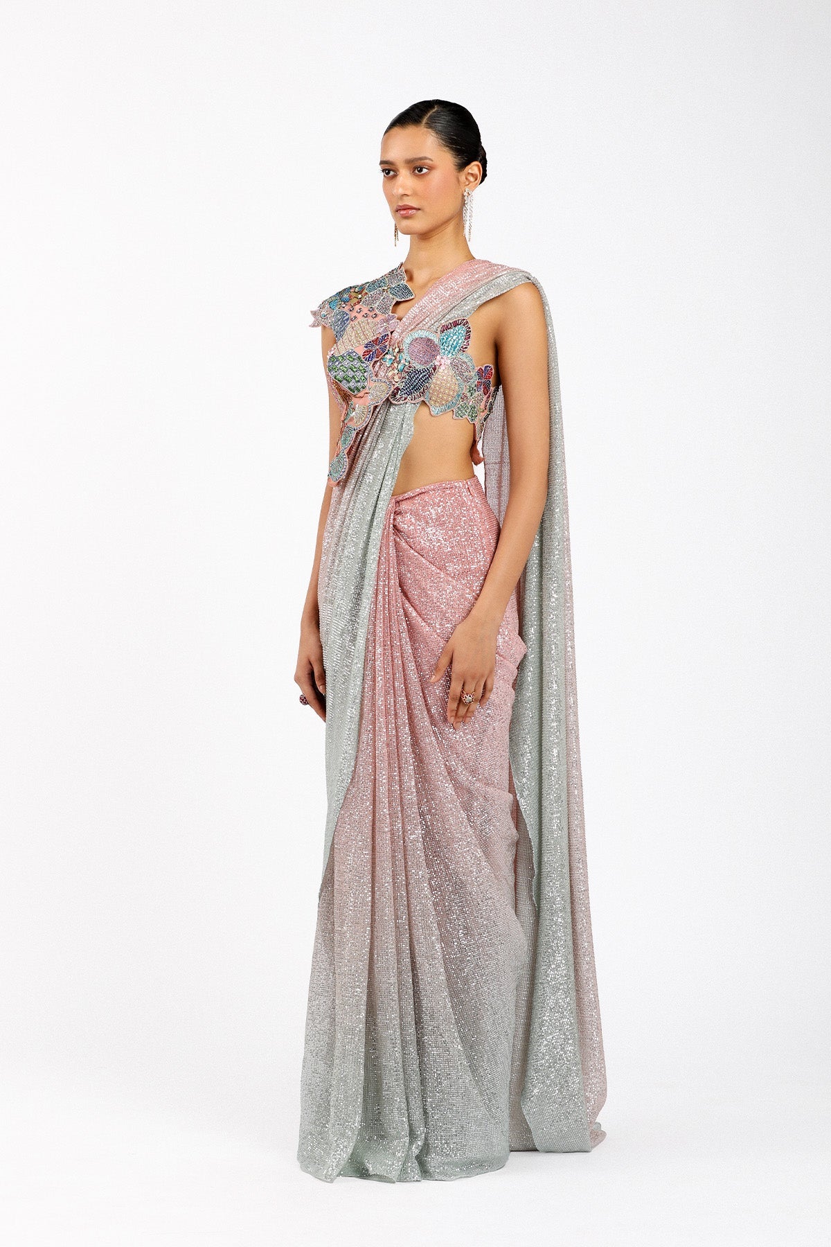 Blume - Pink- Silver Tulle draped Saree