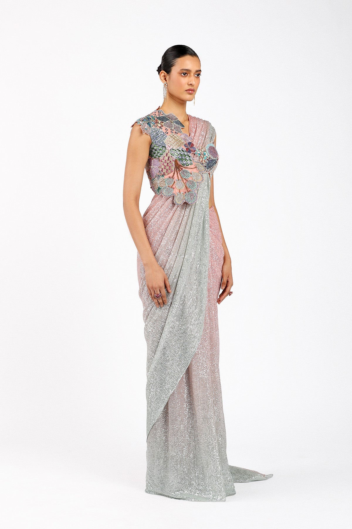 Blume - Pink- Silver Tulle draped Saree