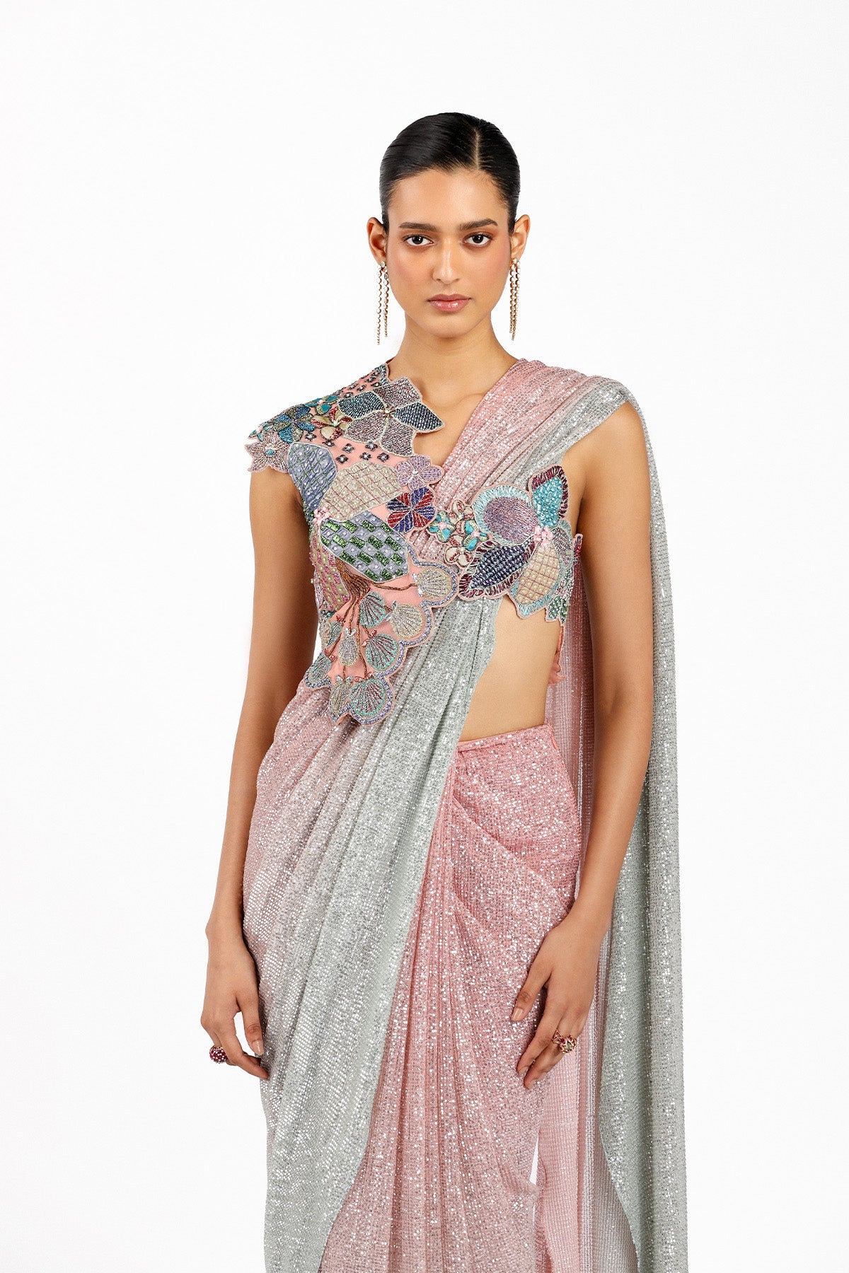 Blume - Pink- Silver Tulle draped Saree