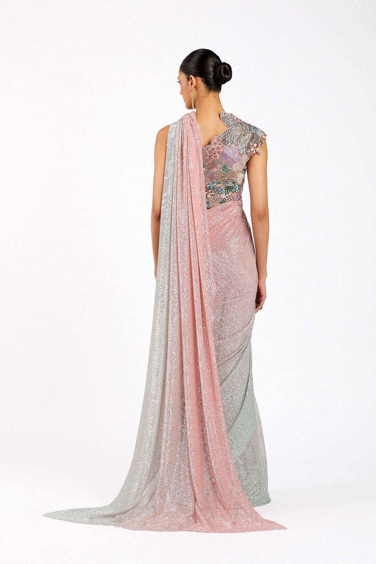 Blume - Pink- Silver Tulle draped Saree