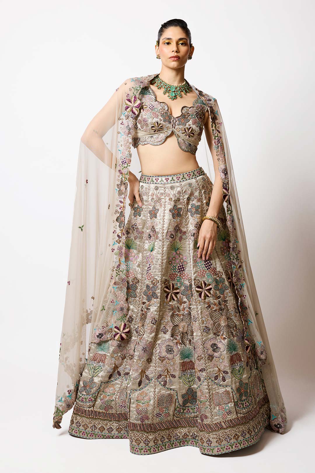 Pluvina - Silver -Gold Banarasi Tissue Brocade Lehenga