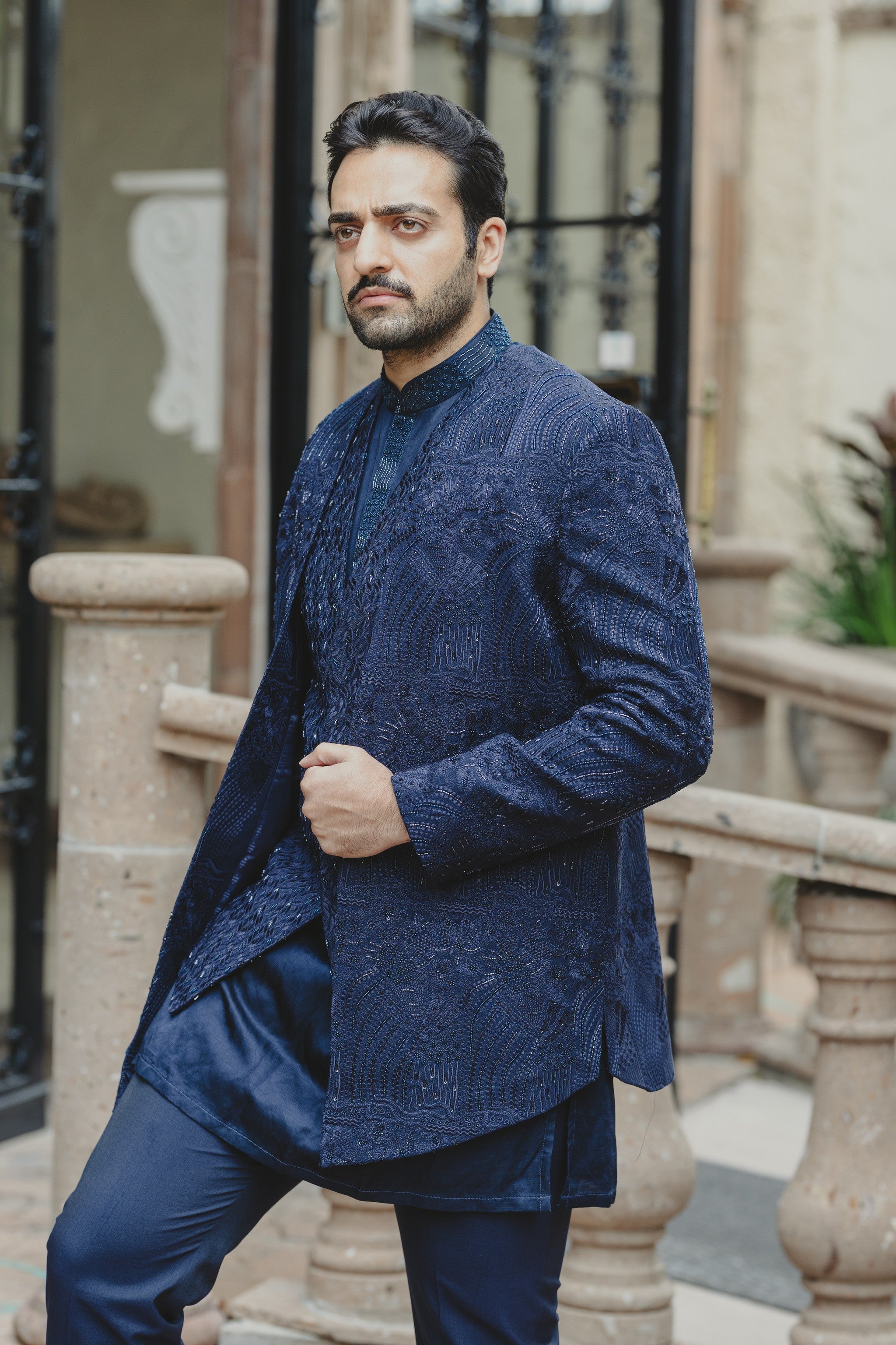 Nadir Navy Sequin Sherwani