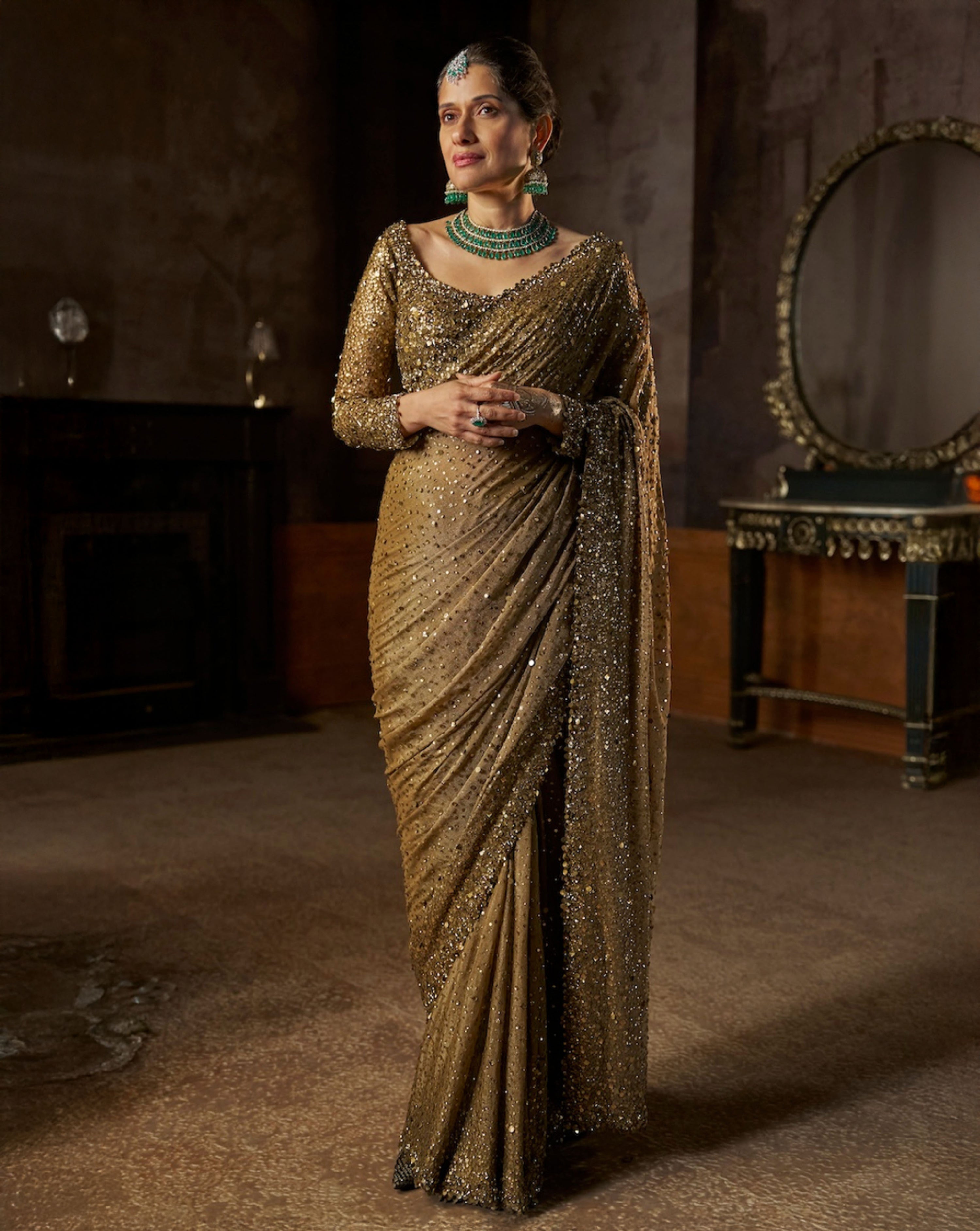 Antique Gold Georgette Sequin Saree
