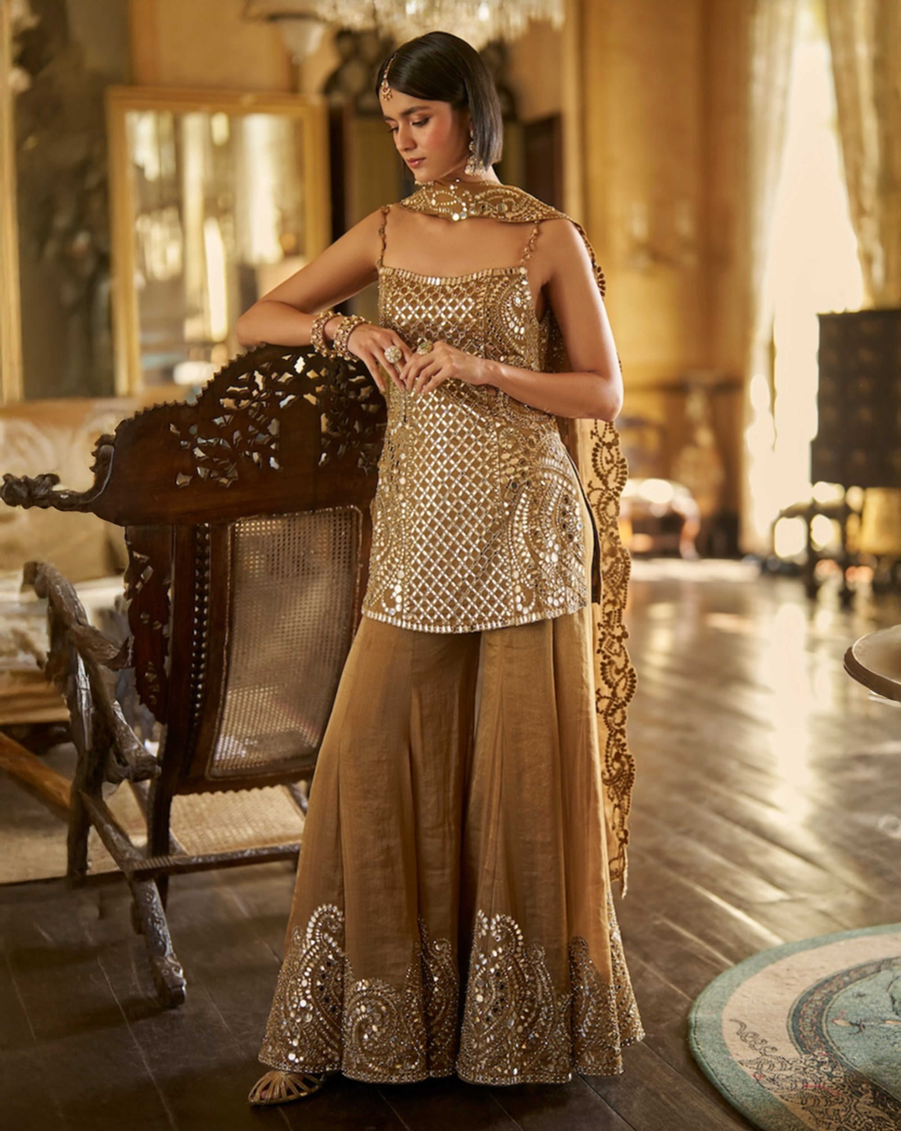 Antique Gold Mirror Sharara Set