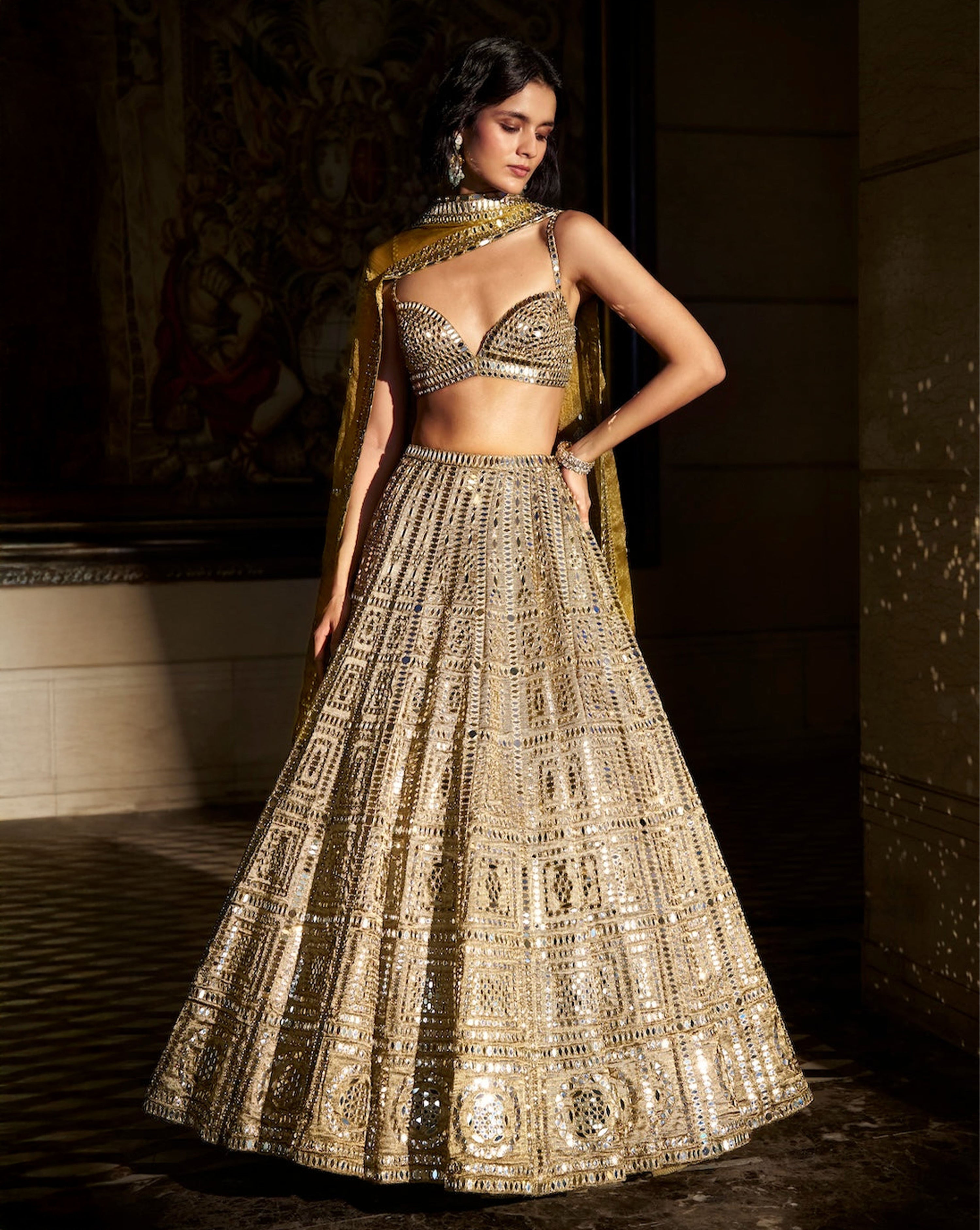 Antique Gold Mirror Work Lehenga Set