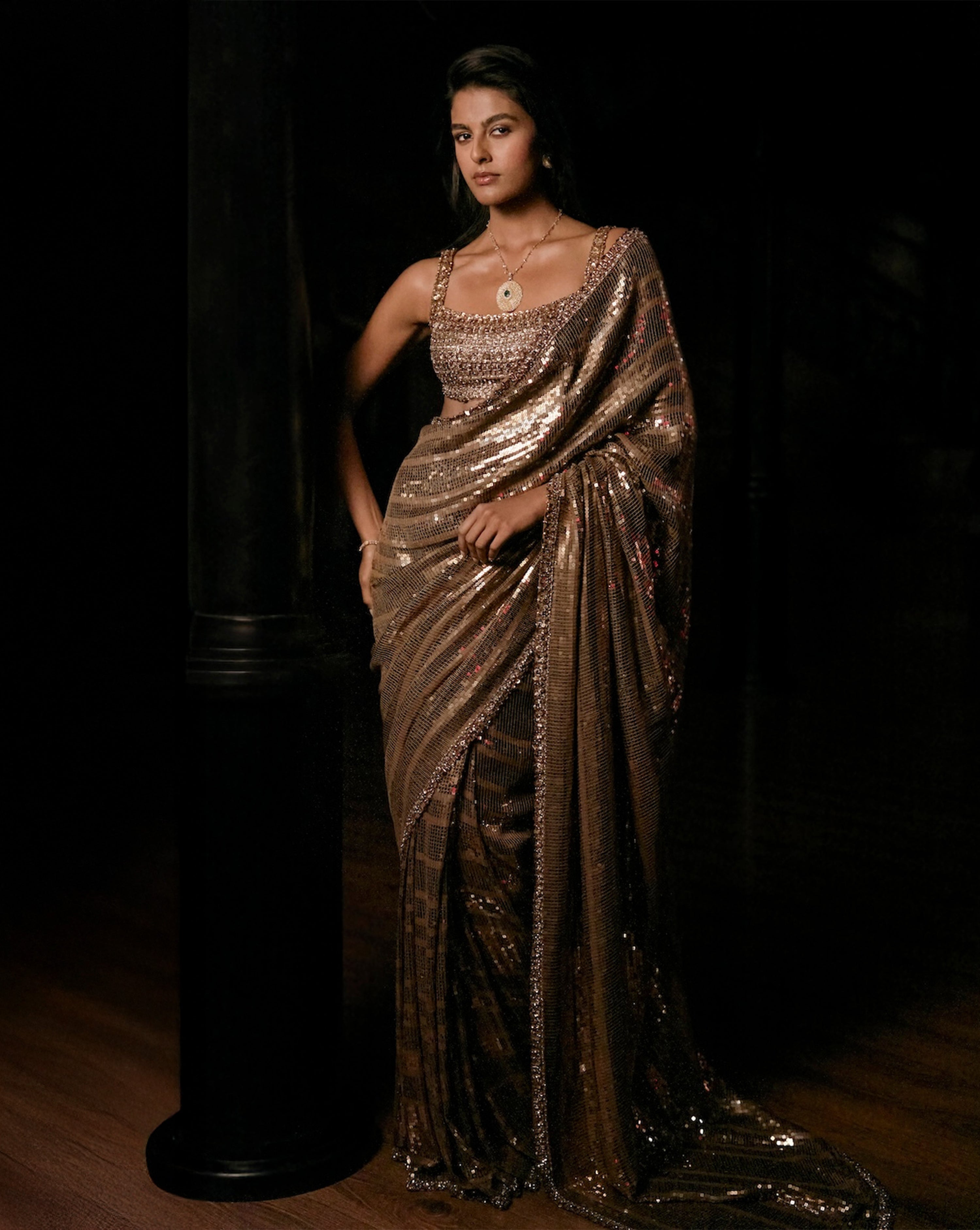 Antique Gold Sequin Georgette Saree