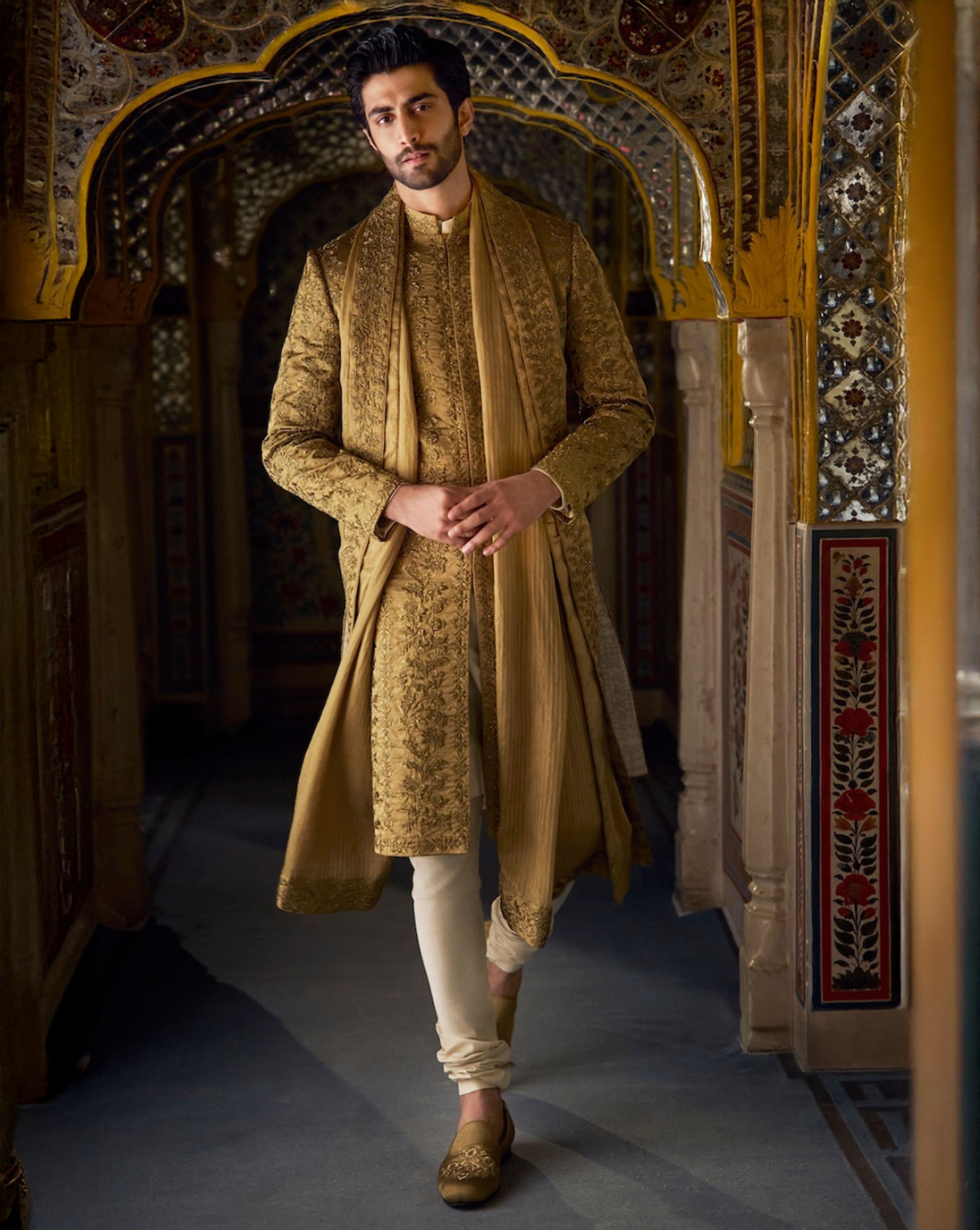 jessica howard gold dress Antique Gold Tissue Sherwani Set – Panache by Sharmeen
