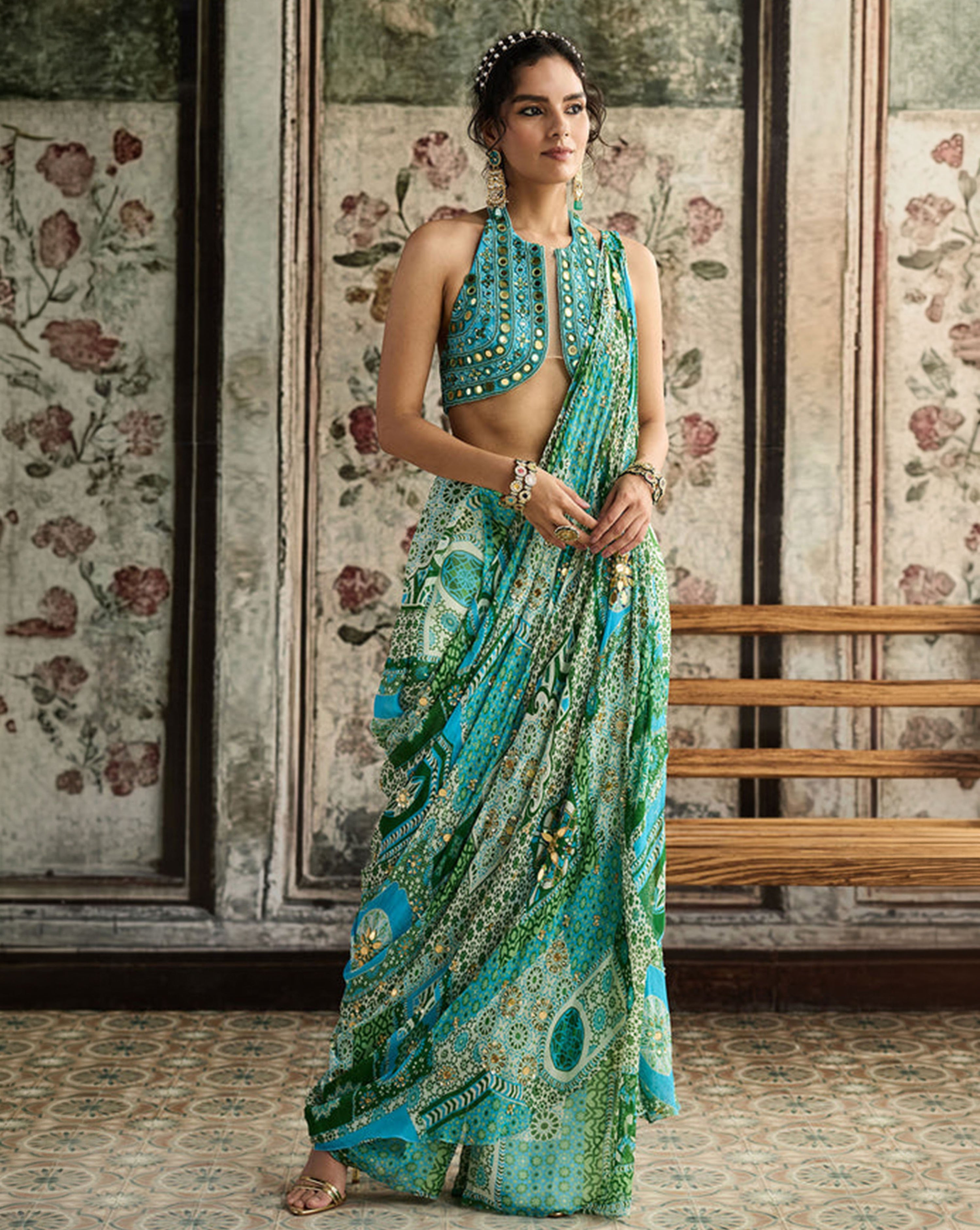 Aqua Embroidered Blouse And Aqua Print And Highlighted Drape Box Pleat Pant Saree - Ready to Ship