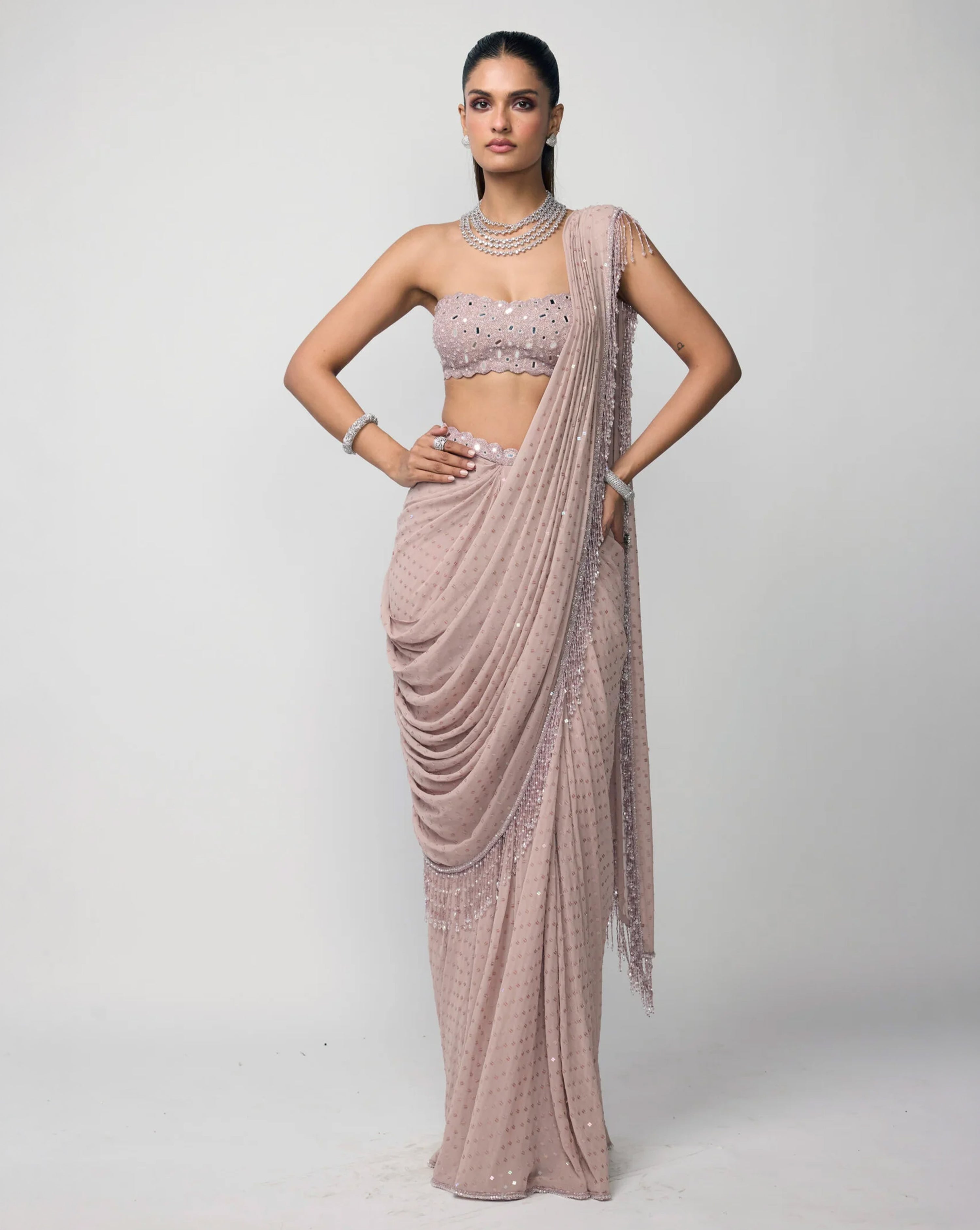 Ash Pink Draped Saree Set