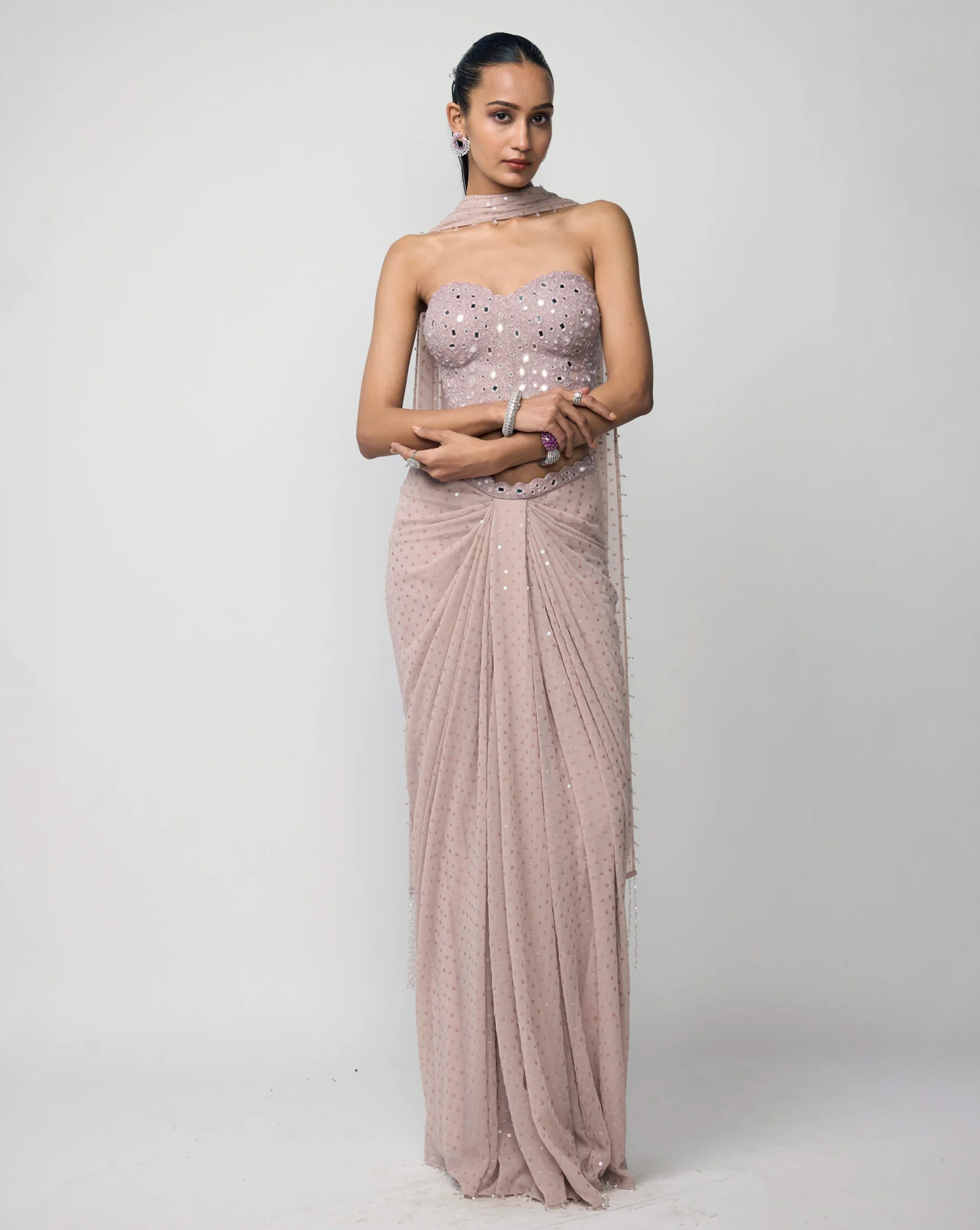 Ash Pink Draped Sequins Embroidered Skirt Set