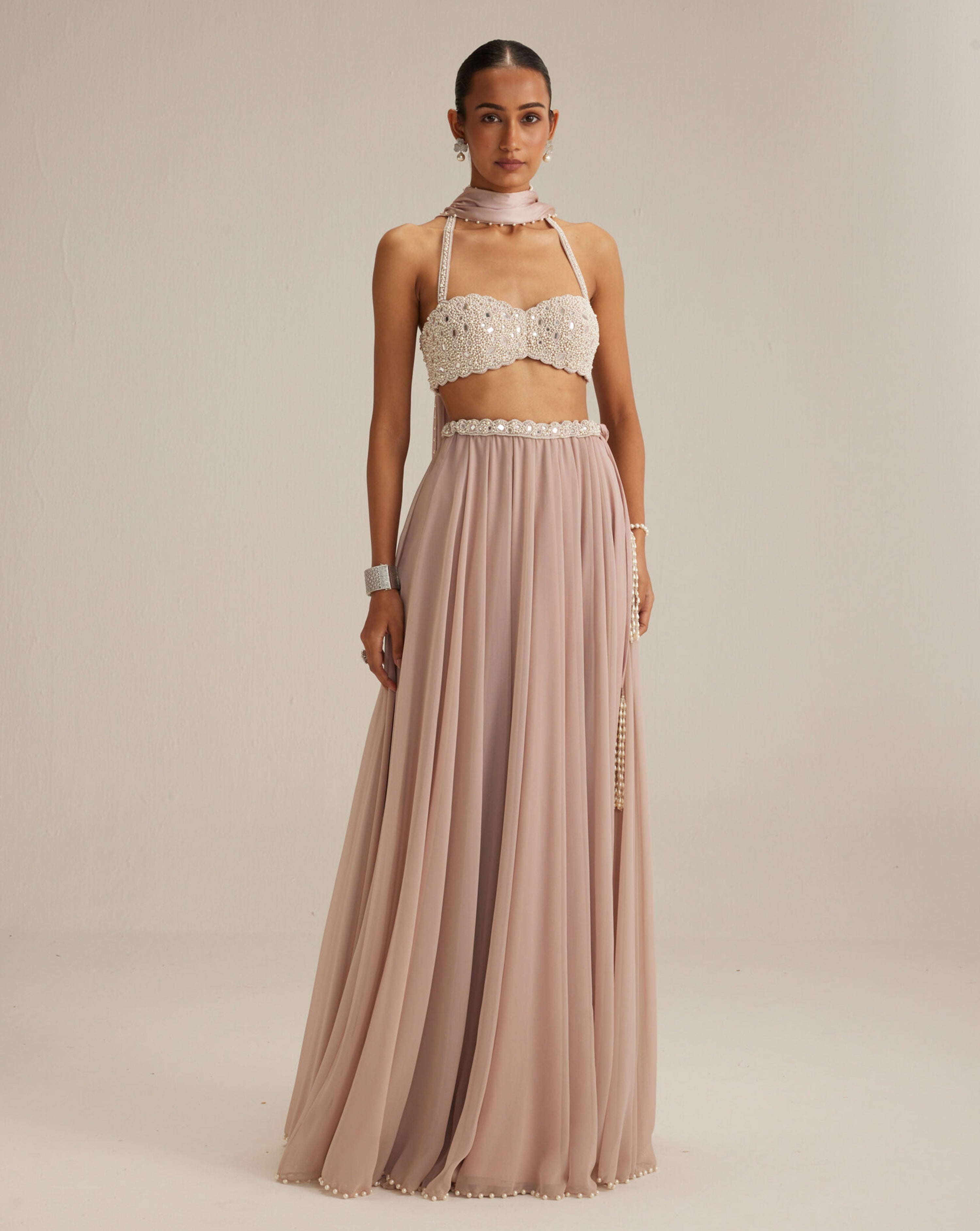 Ash Pink Georgette Skirt with Halter neck Blouse and stole