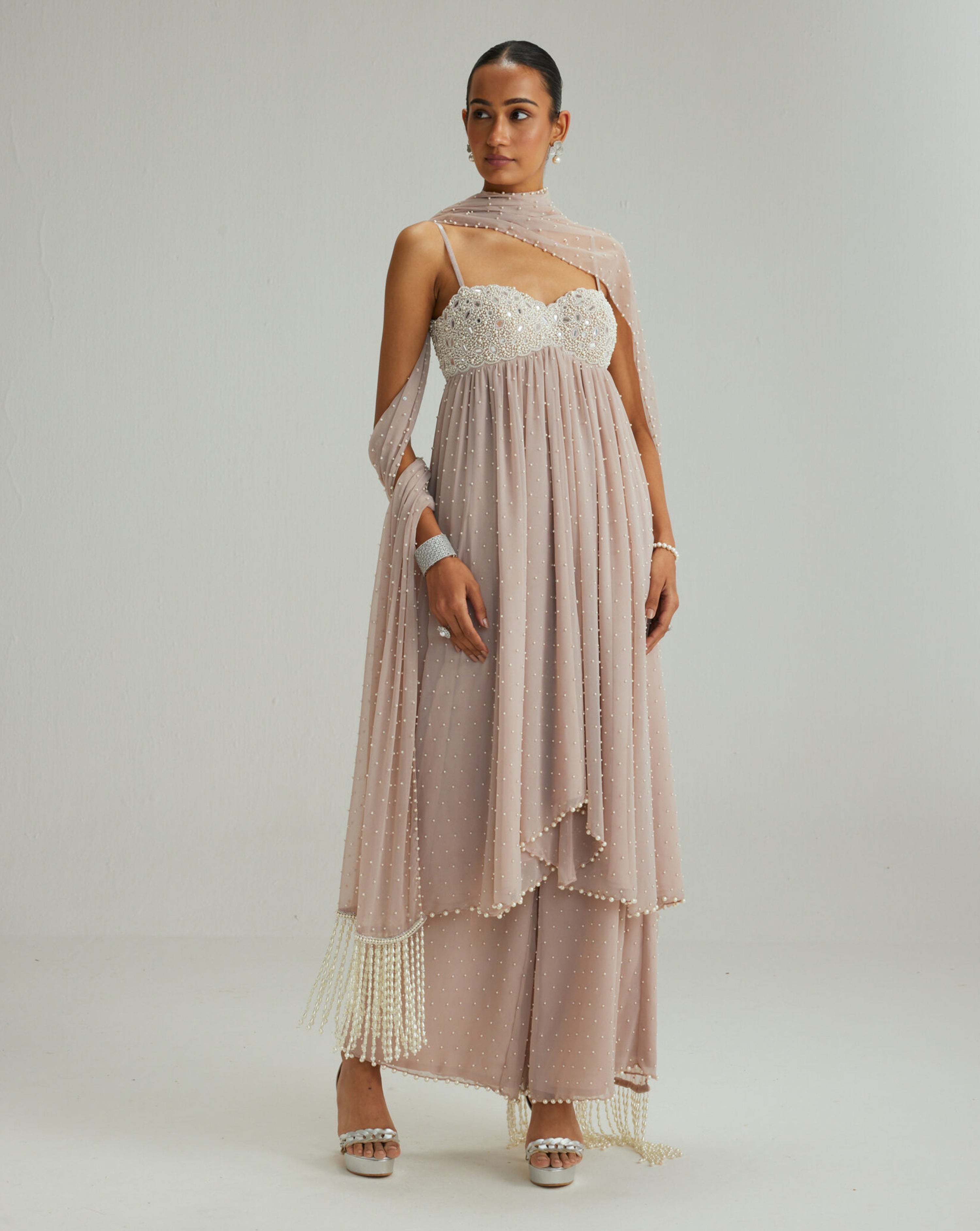 Ash Pink Mirror and Pearl Asymmetrical Kurta set