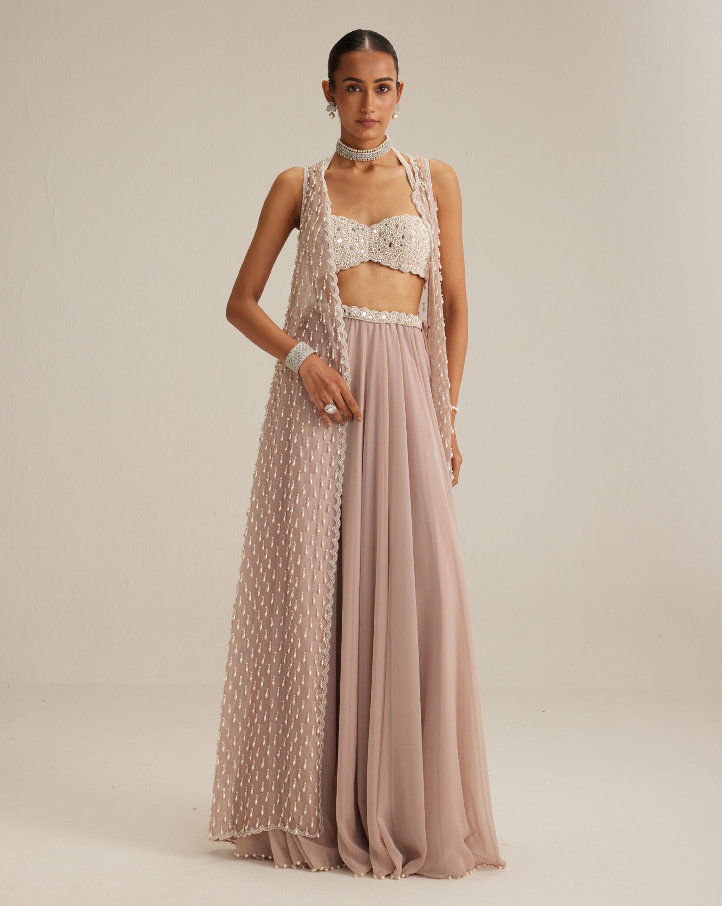 Ash Pink Pearl Drop Jacket Skirt Set