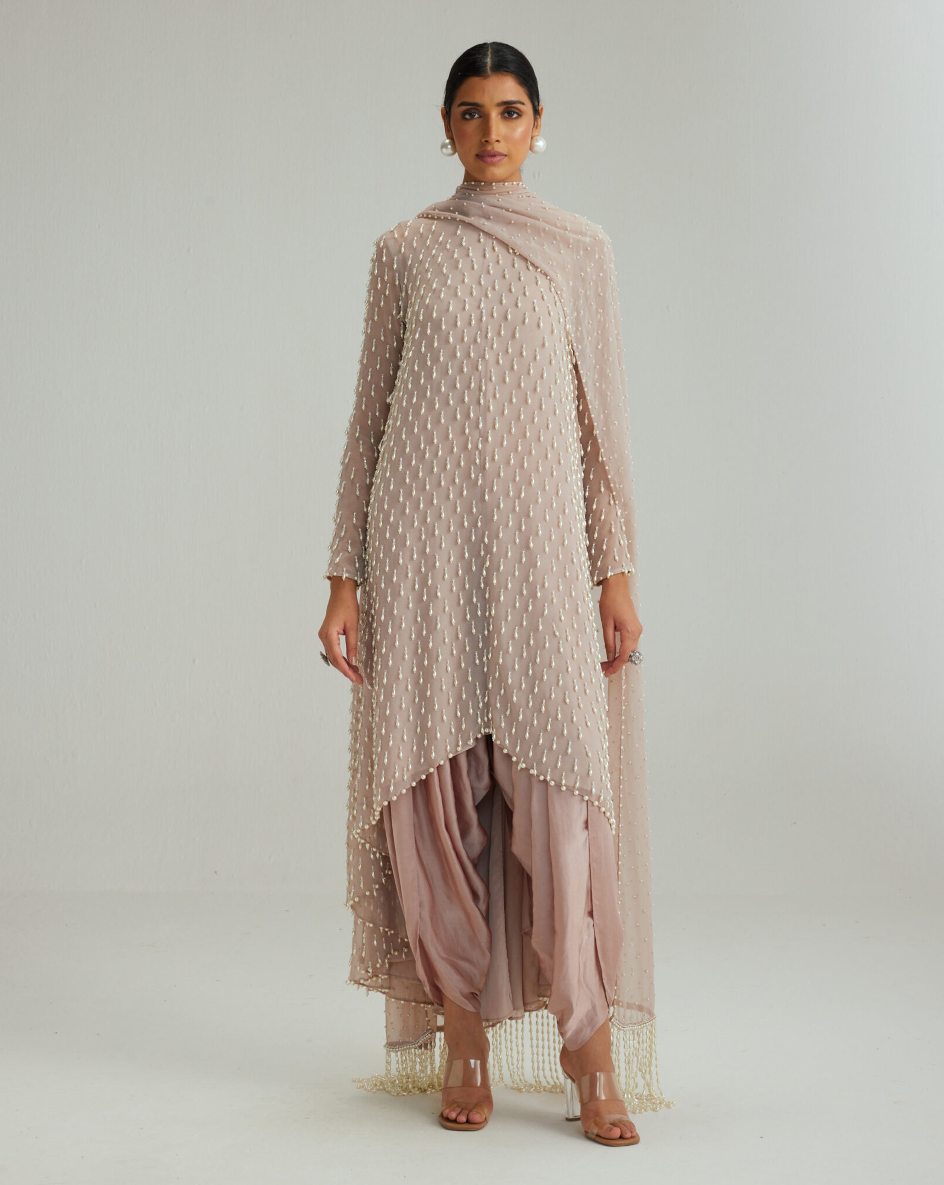 Ash Pink Pearl Drop Kurta set with Dupatta
