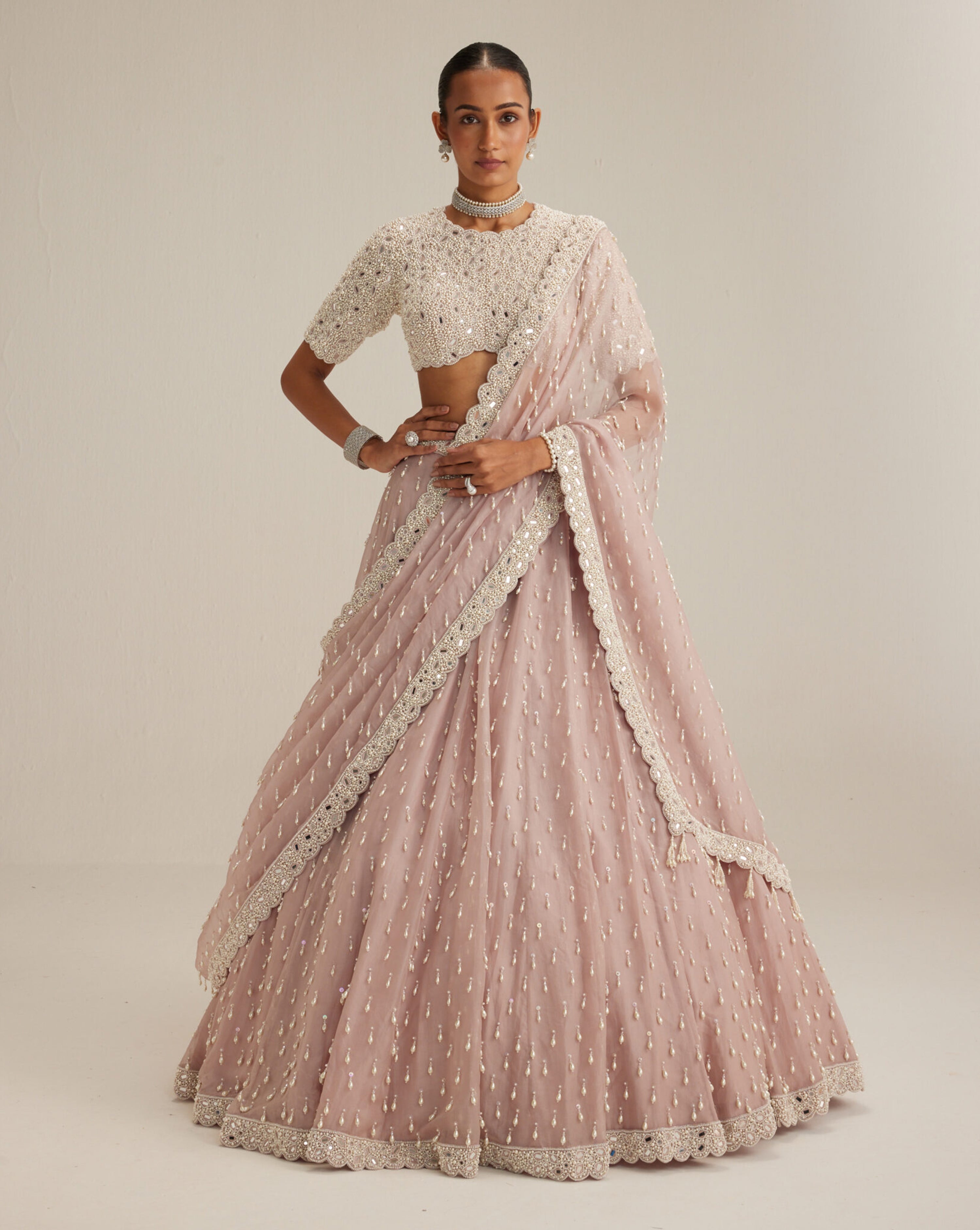 Ash Pink Pearl Drop Lehenga with high neck blouse