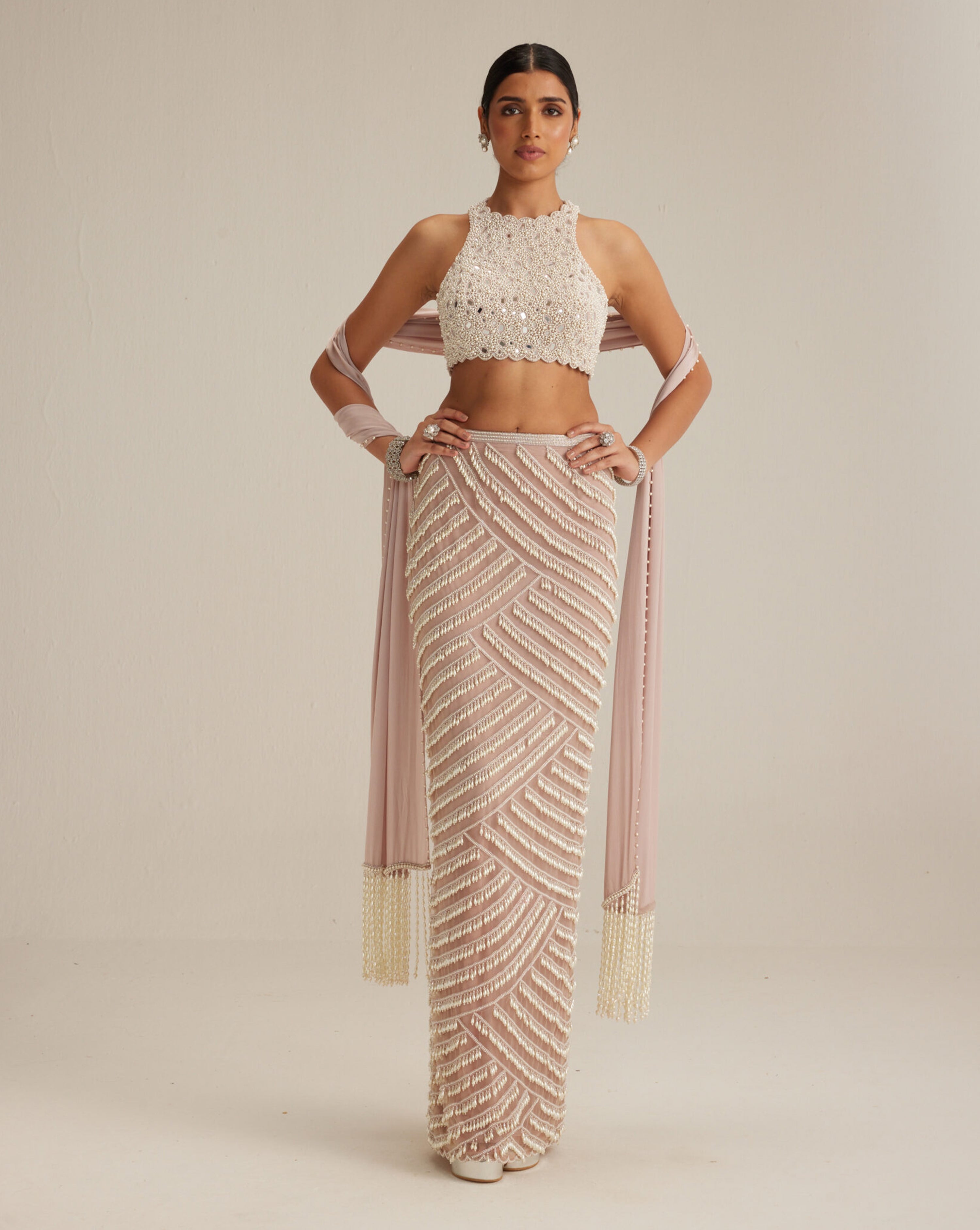 Ash Pink Pearl Drop Pencil Skirt Set
