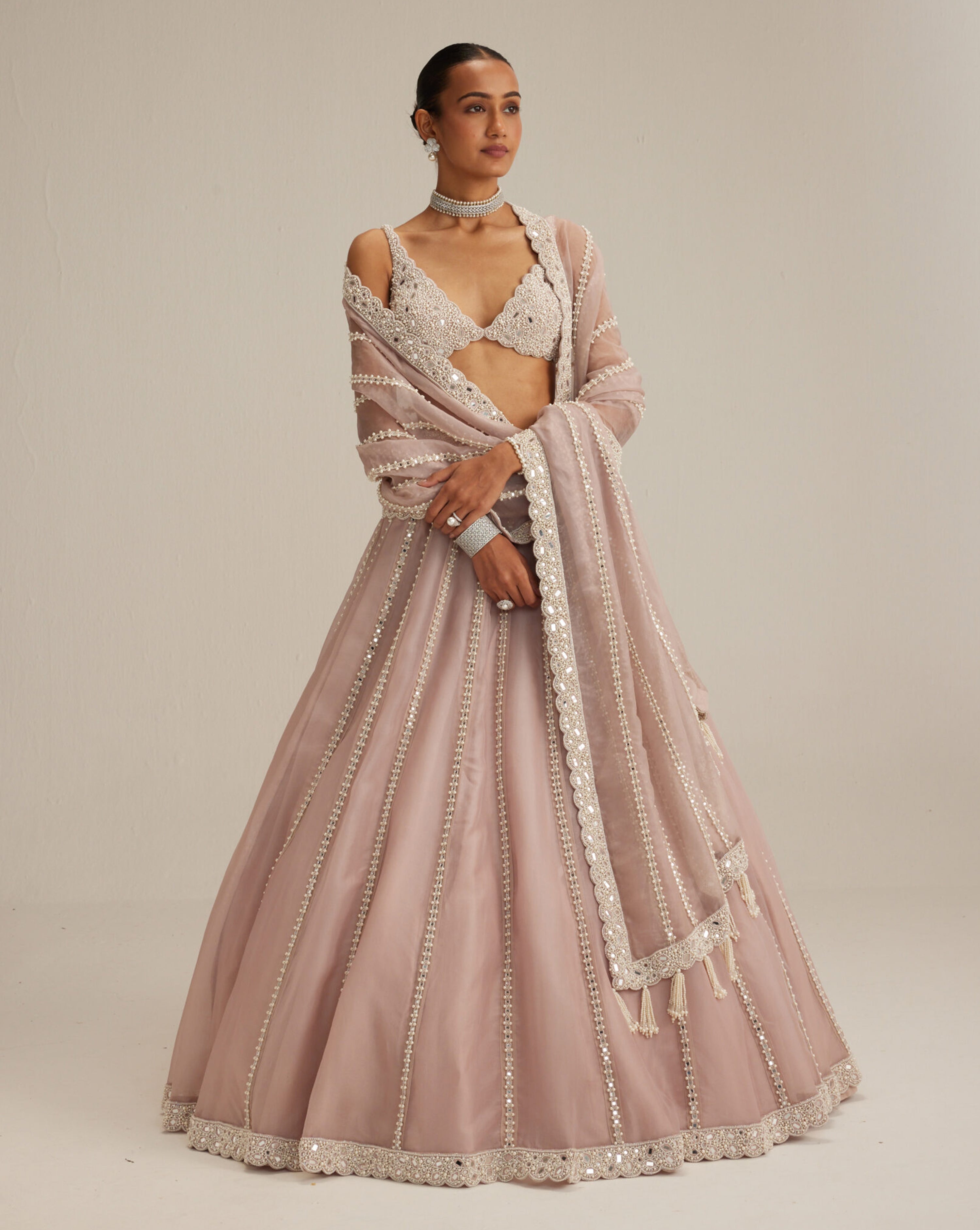 Ash Pink Pearl & Mirror linear Lehenga with V neck Blouse