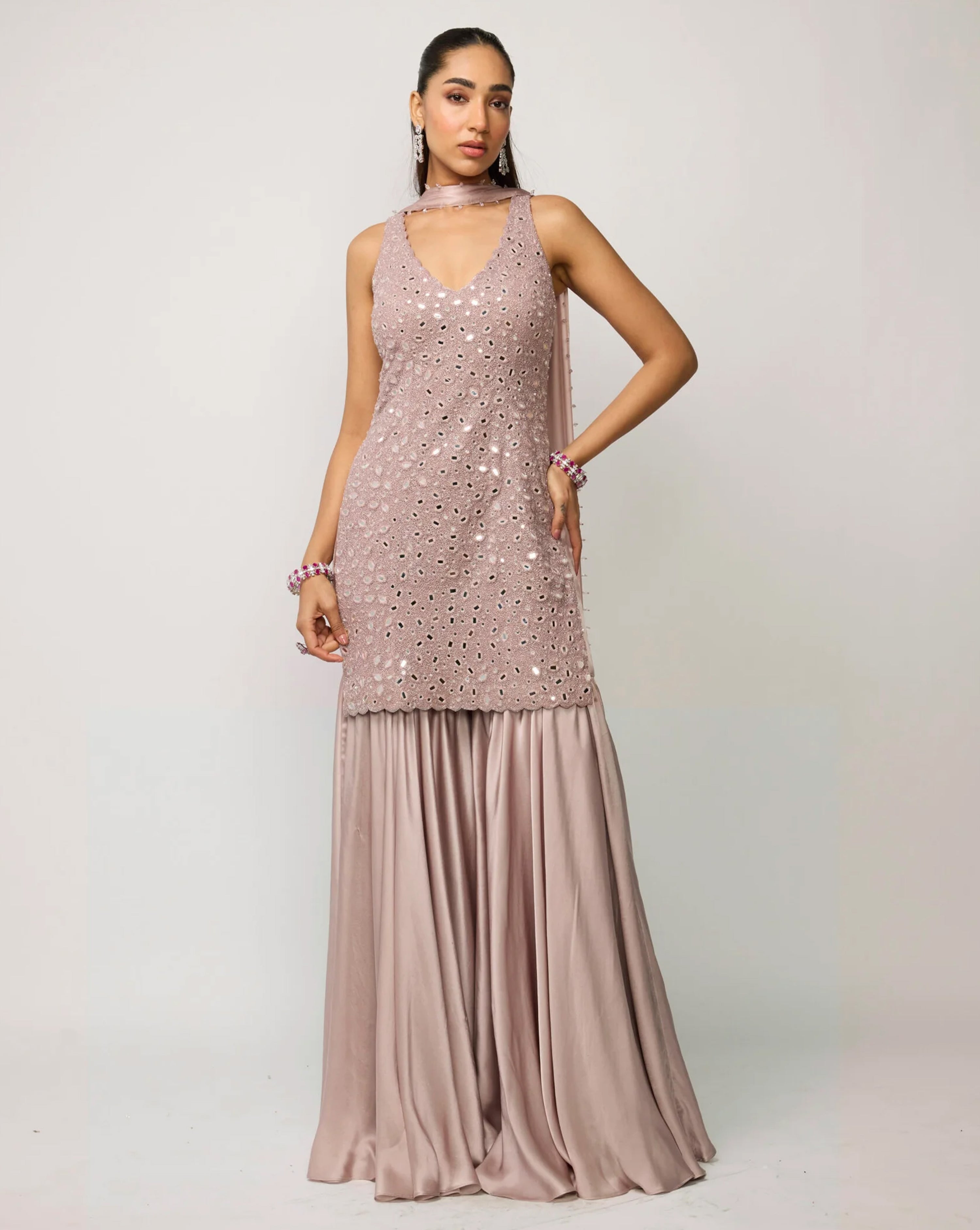 Ash Pink Satin Sharara Set