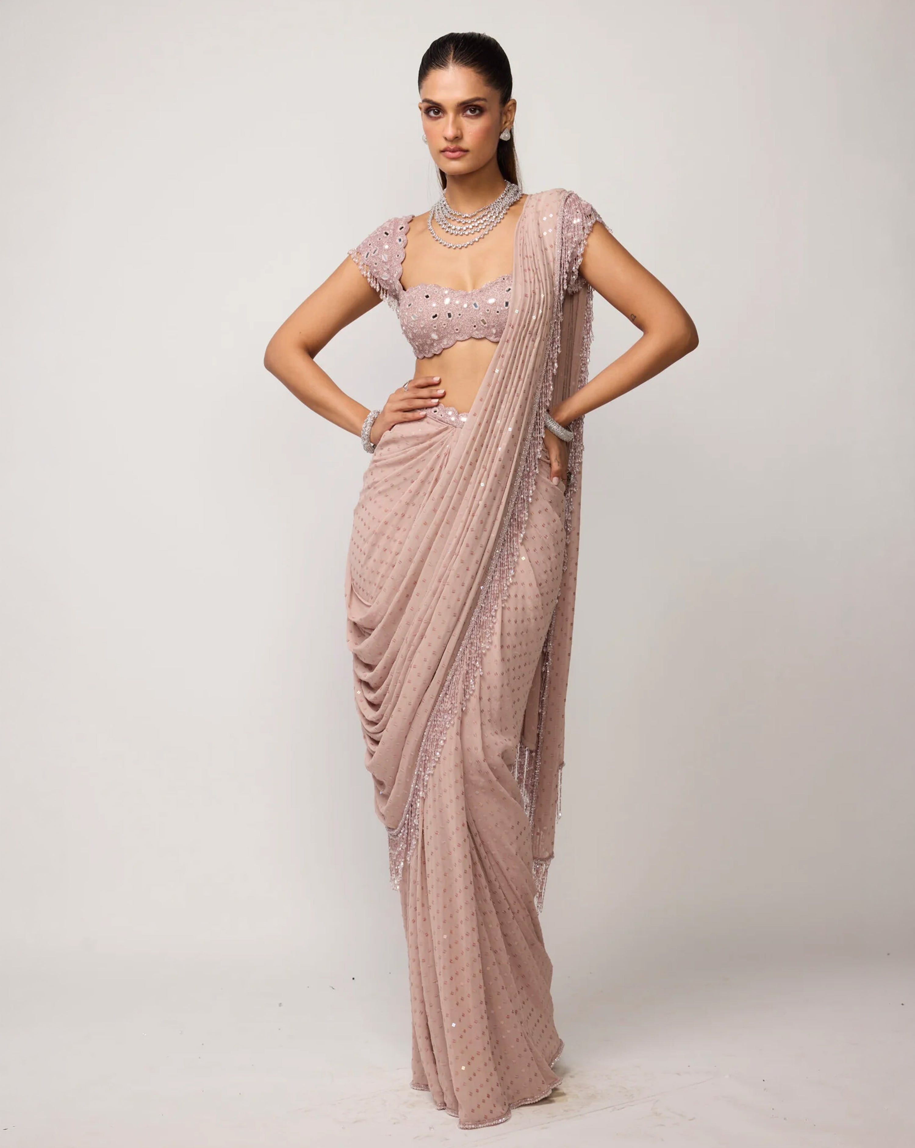 Ash Pink Sequins Embroidered Draped Saree Set