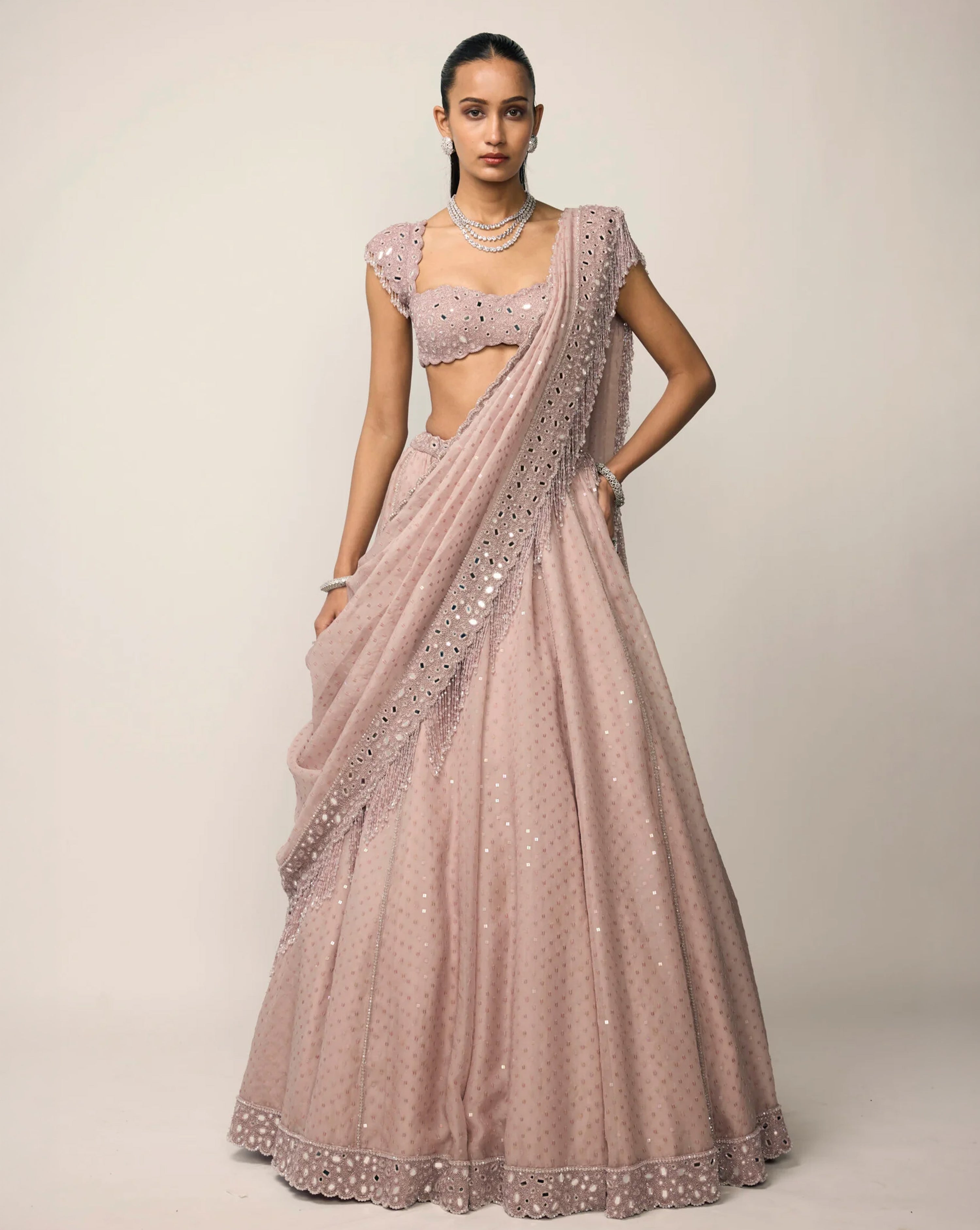 Ash Pink Sequins Embroidered Lehenga Set