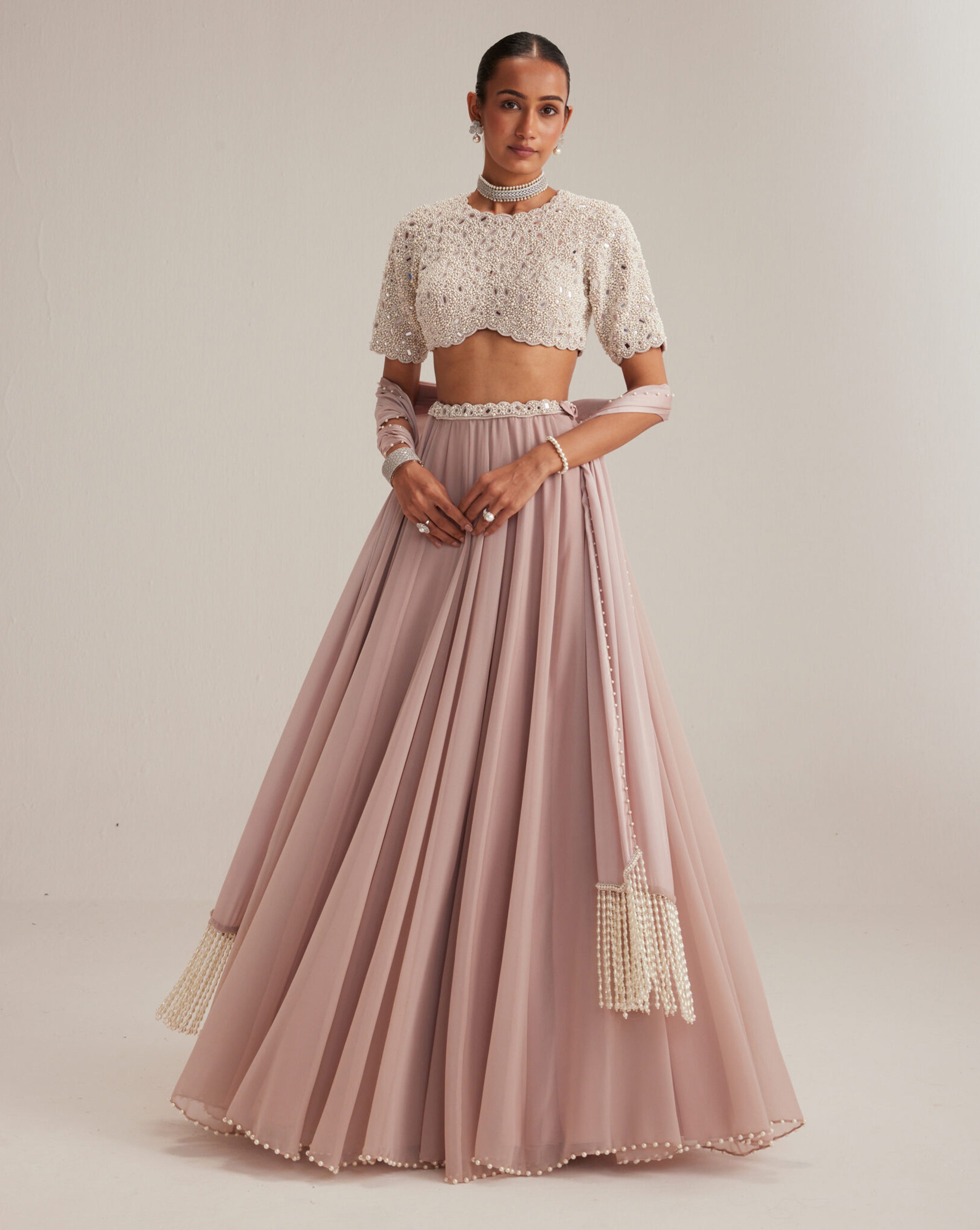 Ash Pink georgette Skirt with High Neck Blouse and Stole