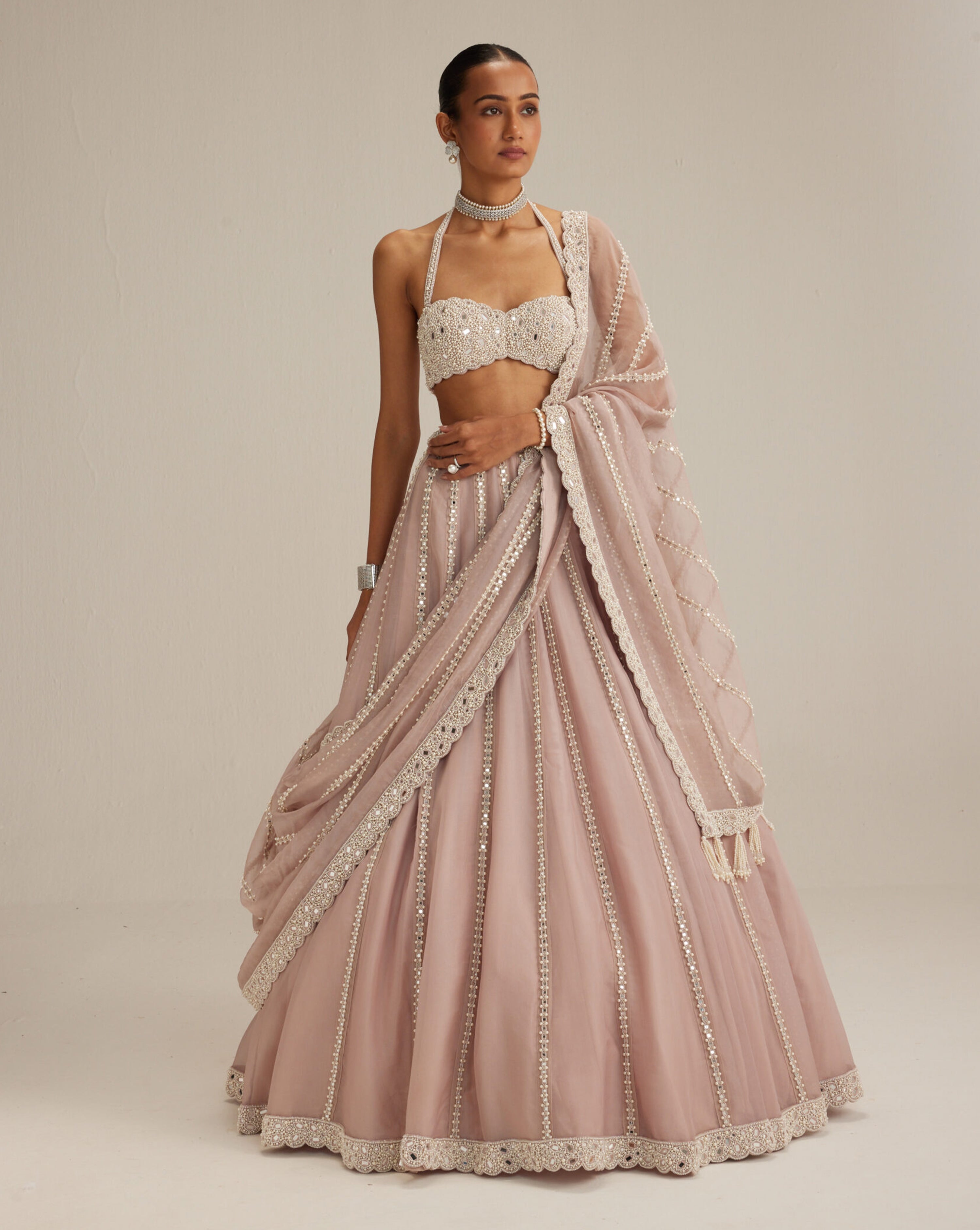 Ash Pink linear embroidered Organza Lehenga Set
