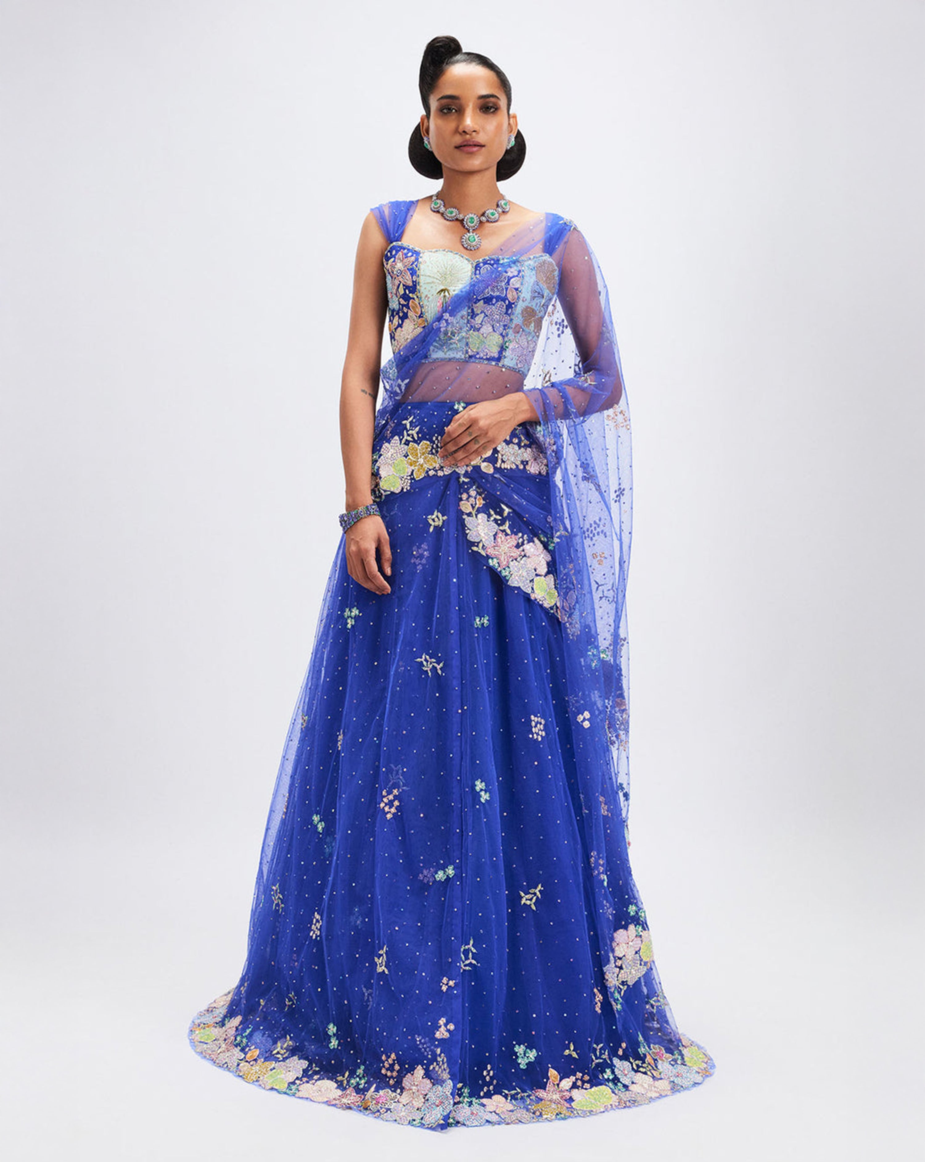Azalée - Persian Blue Tulle Net Saree Lehenga Set - Ready to Ship