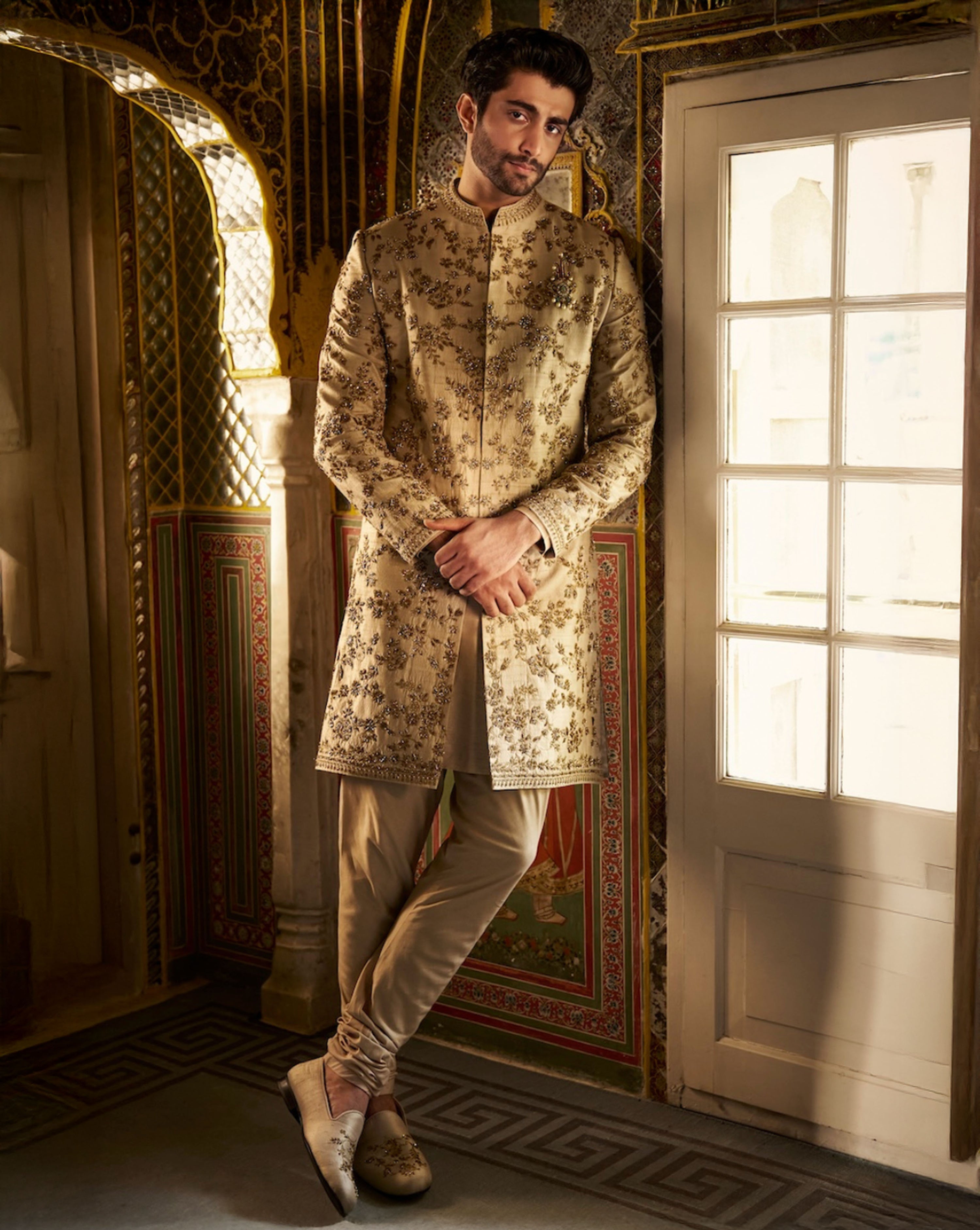 Beige Zardosi Short Sherwani Set