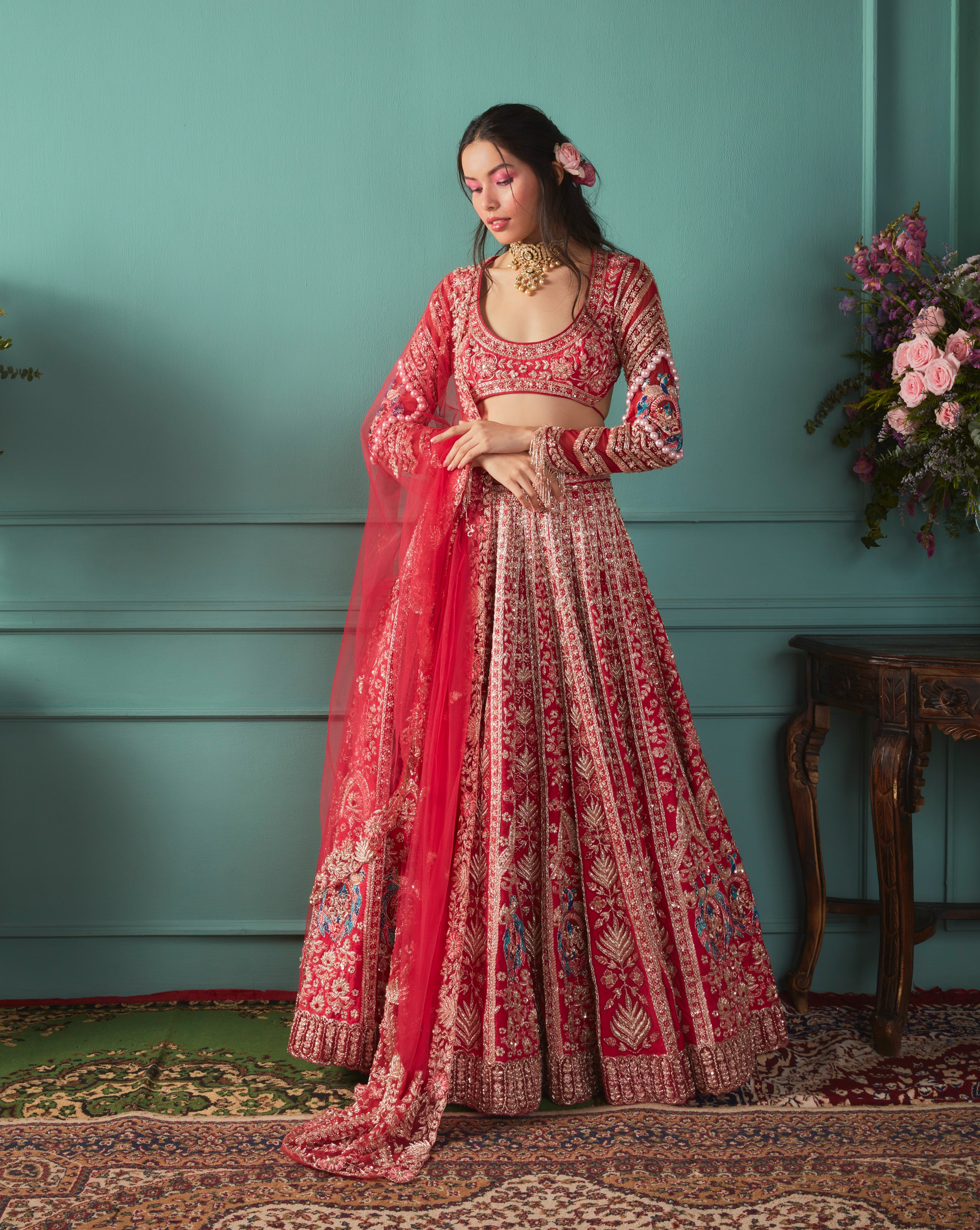 Red Lehenga With Peacock Elements