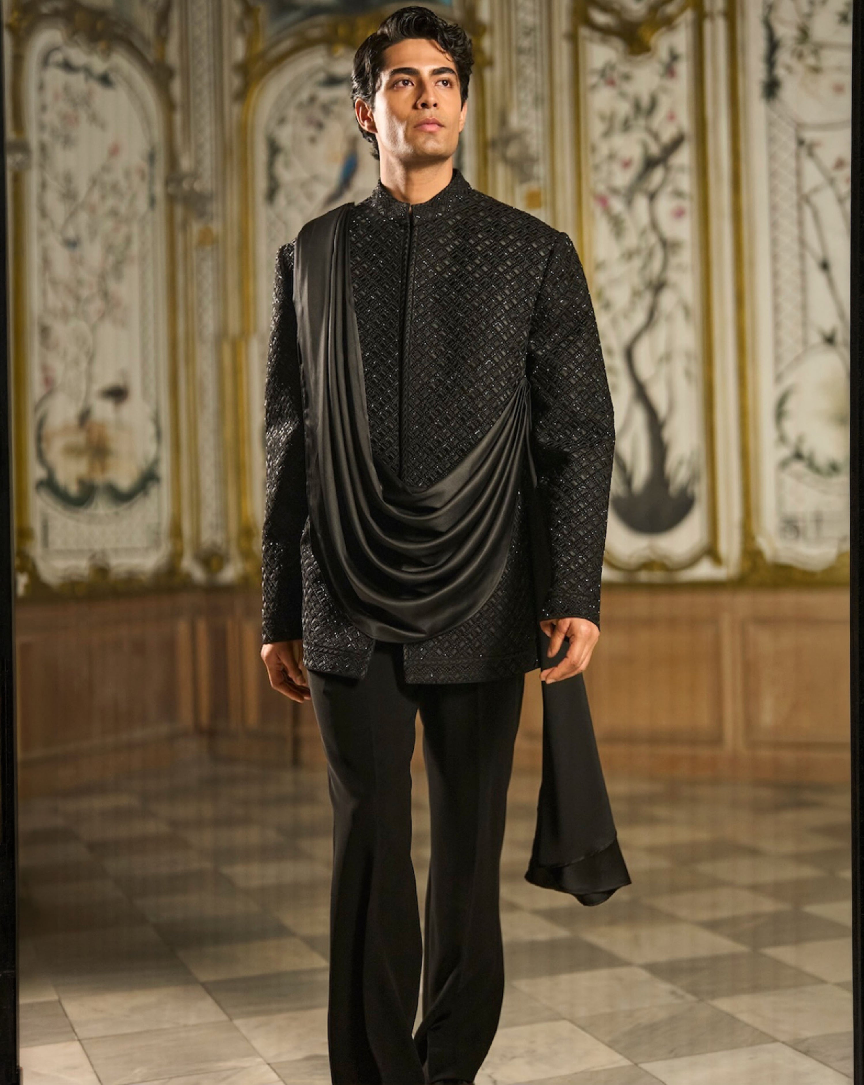 Black Draped Bandhgala Set