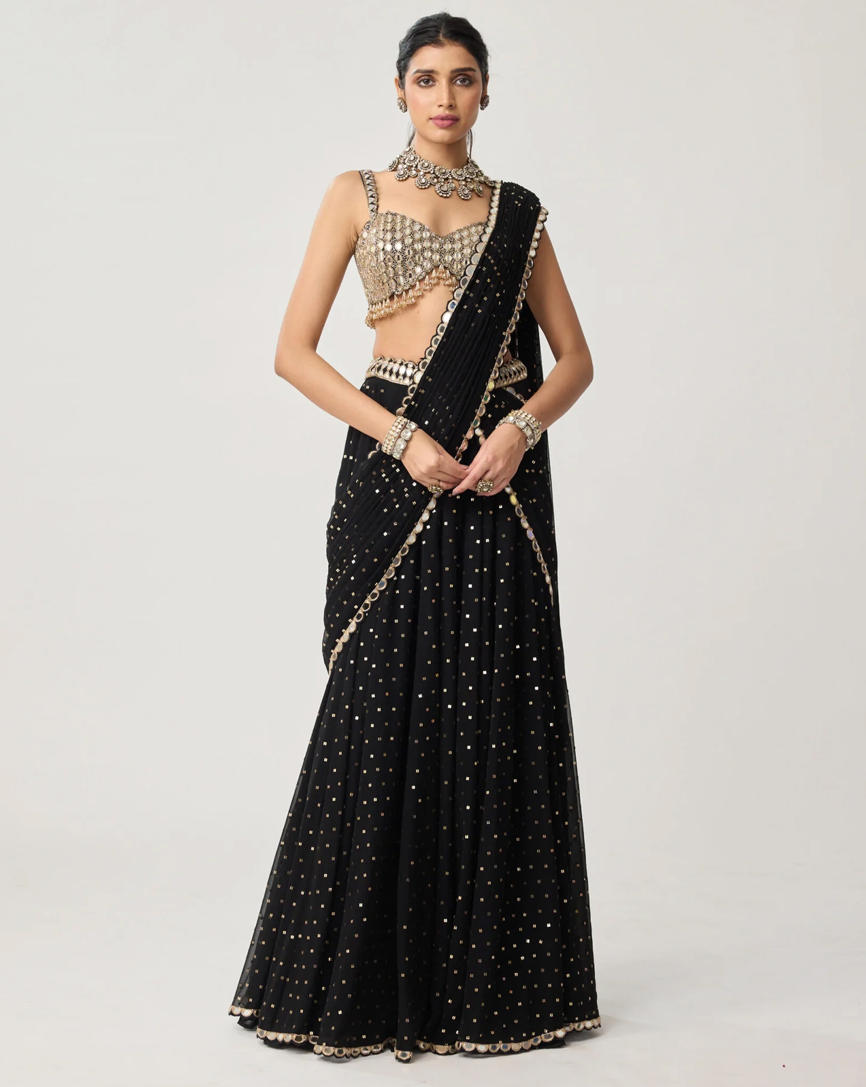 Black Georgette Flared Pants Saree Set