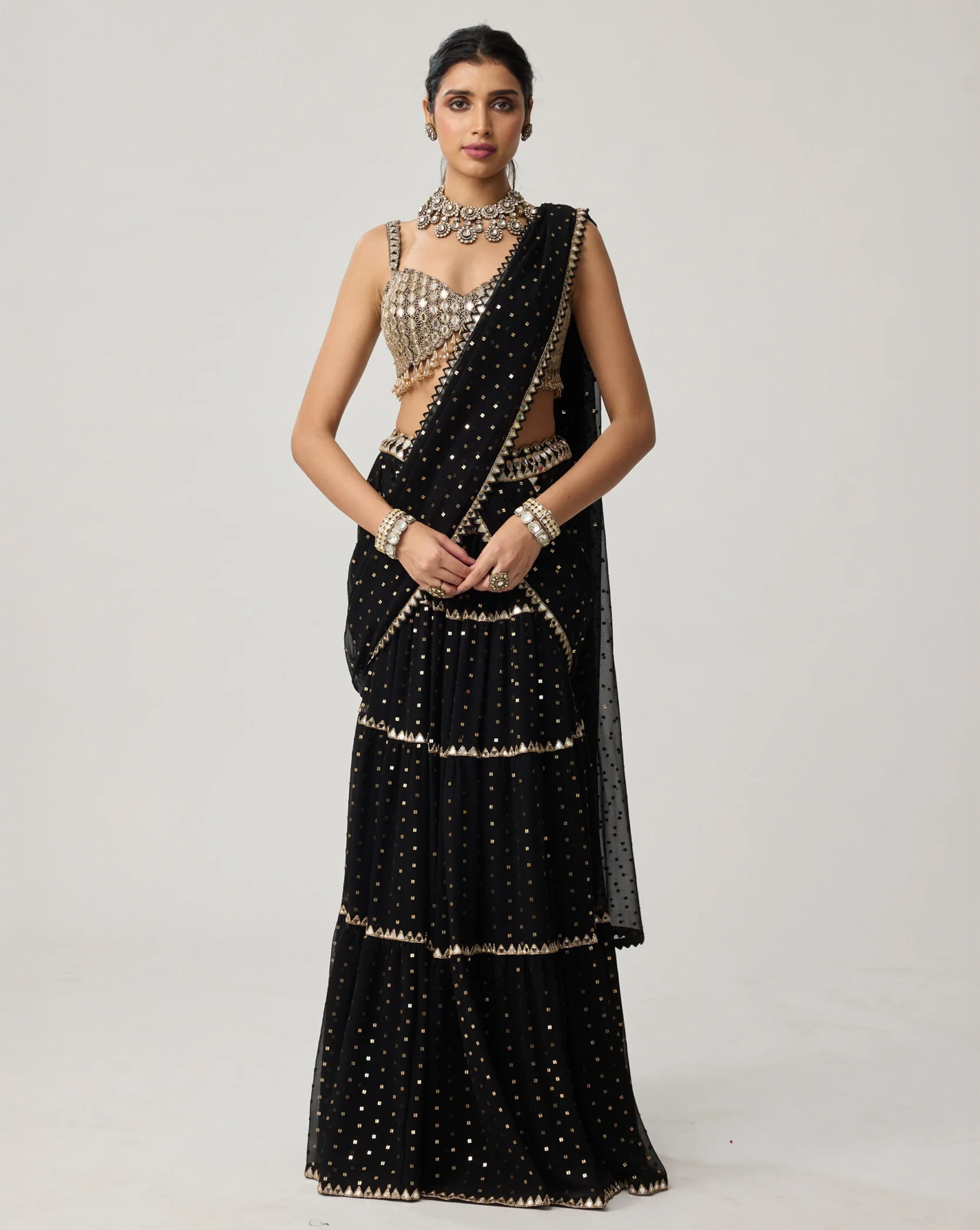 Black Georgette Multi-tier Saree Set