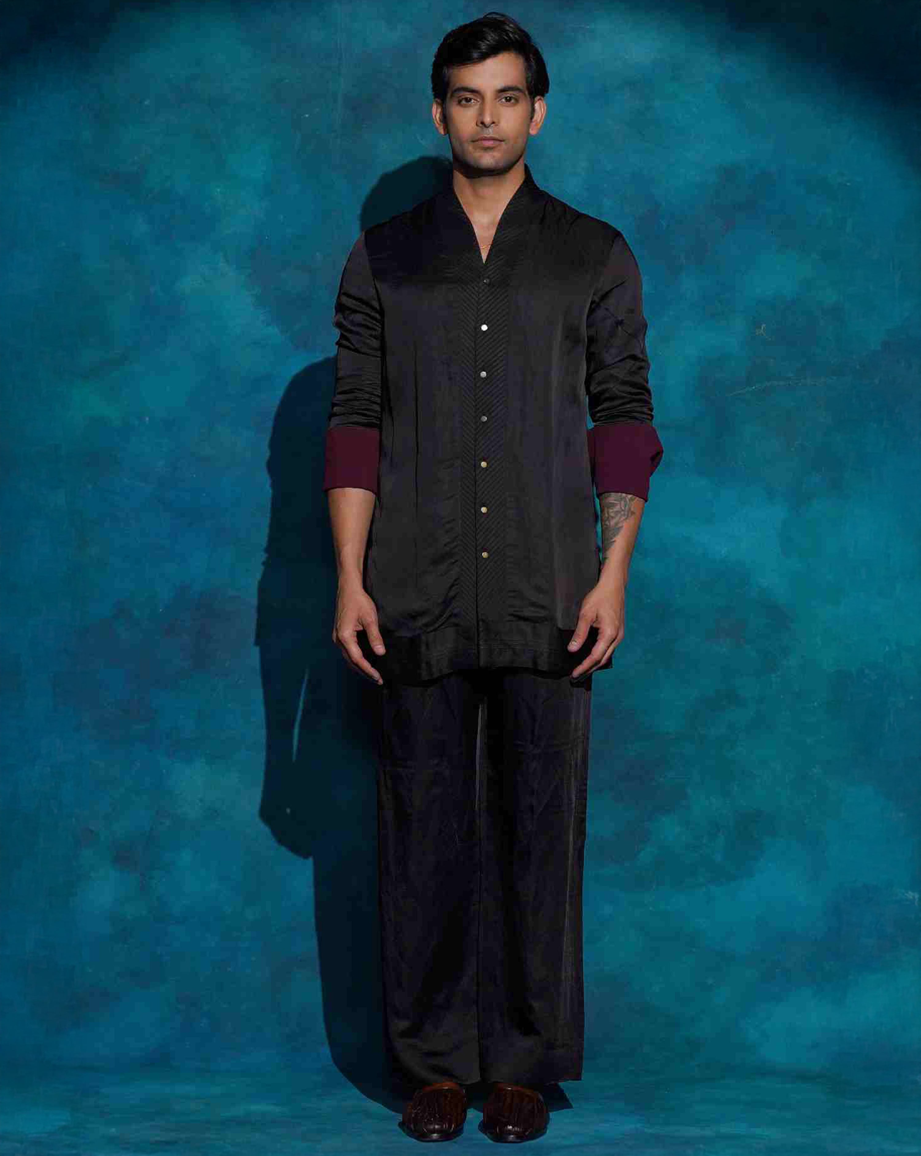 Black Shawl Collar Kurta Set