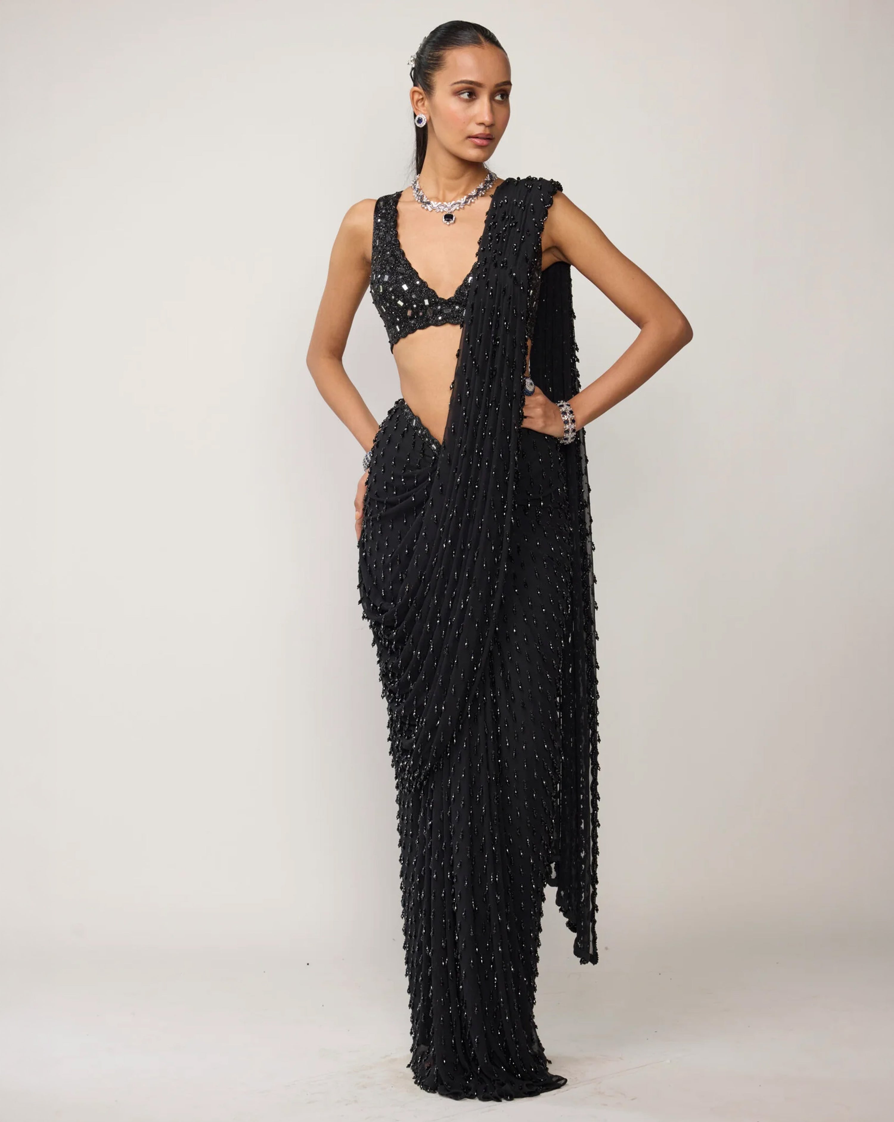 Black Single Drop V Neck Saree Set