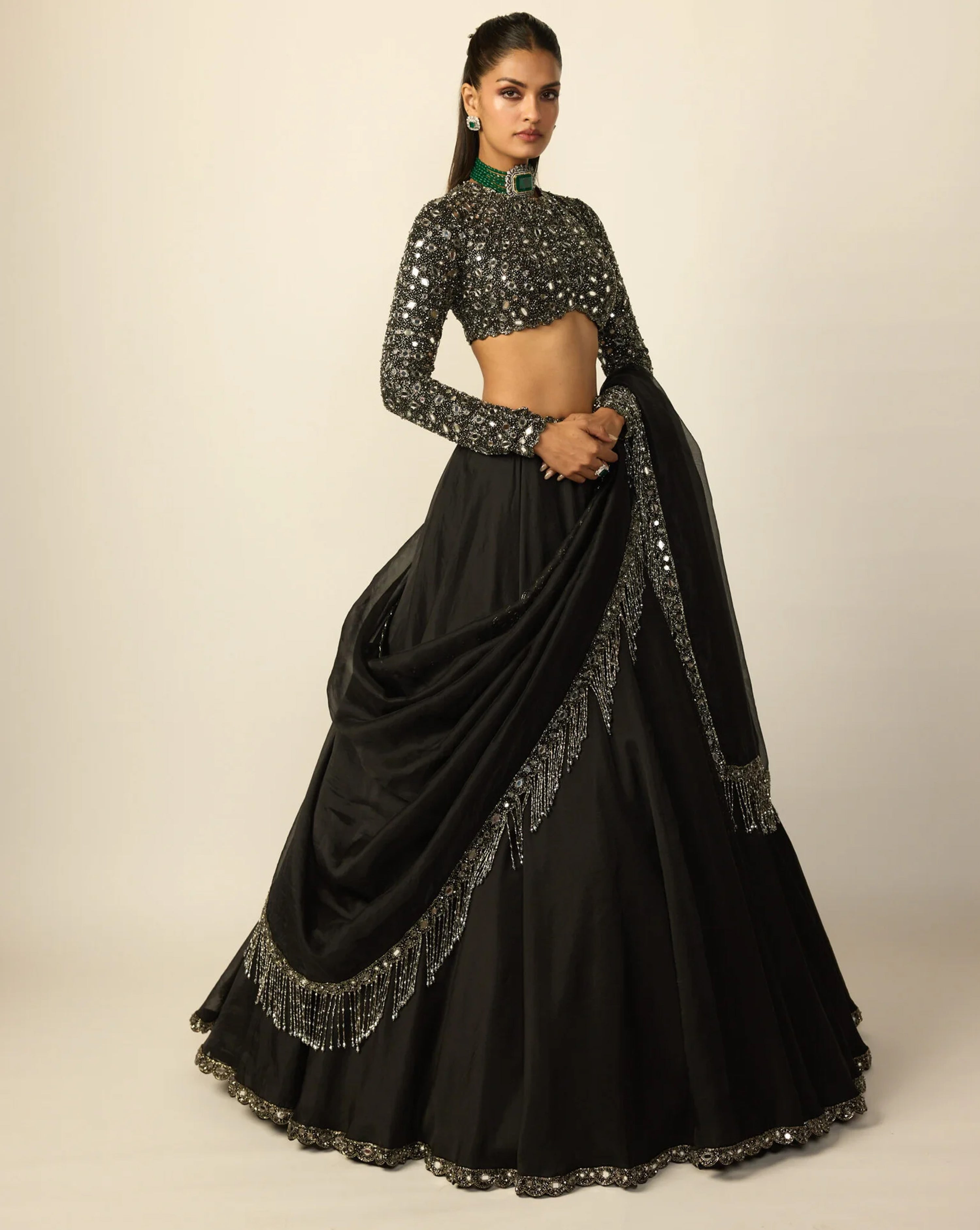 Black Tassel Dupatta Lehenga Set