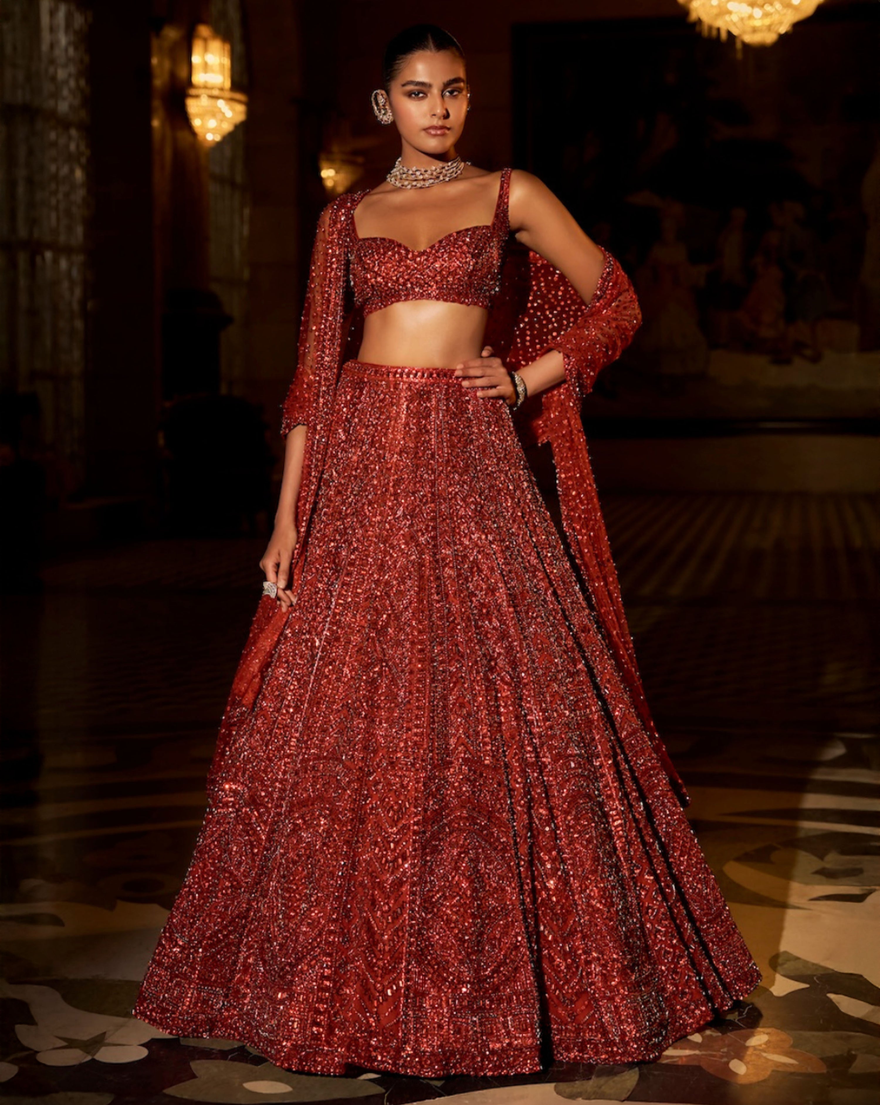 Brick Red Crystal Lehenga Set