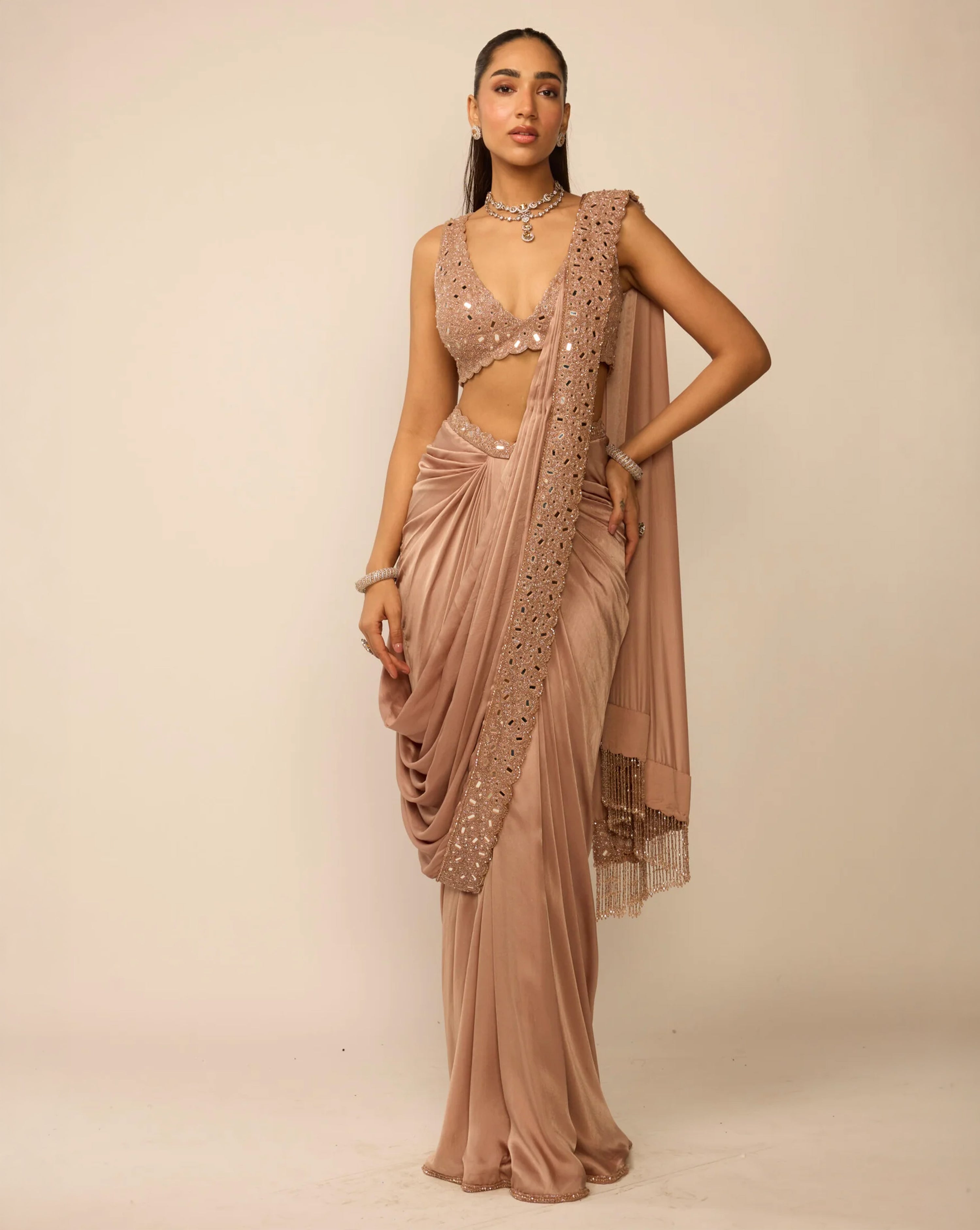 Bronze Rosé Satin Draped Saree Set
