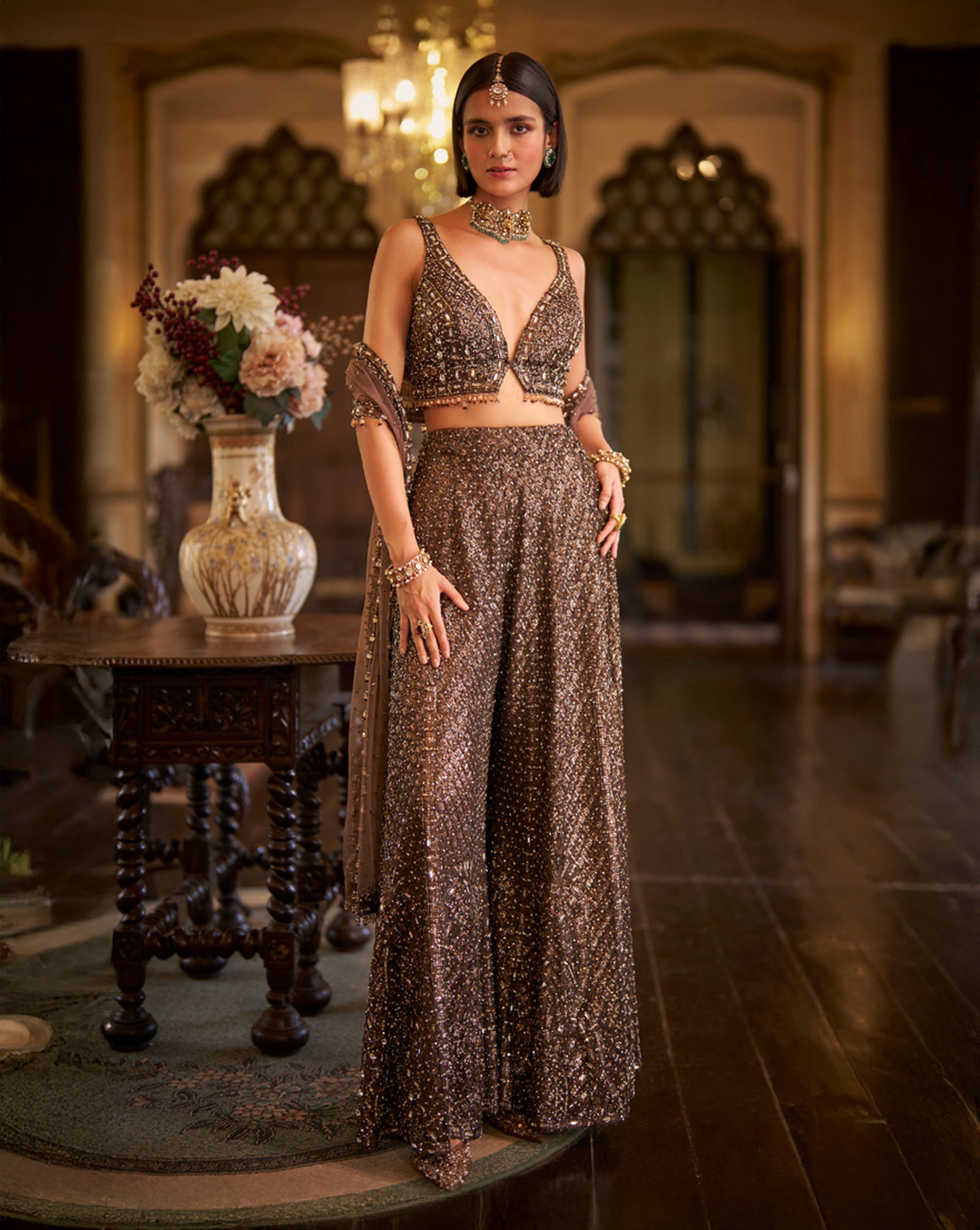 Brown Sequin Sharara Set