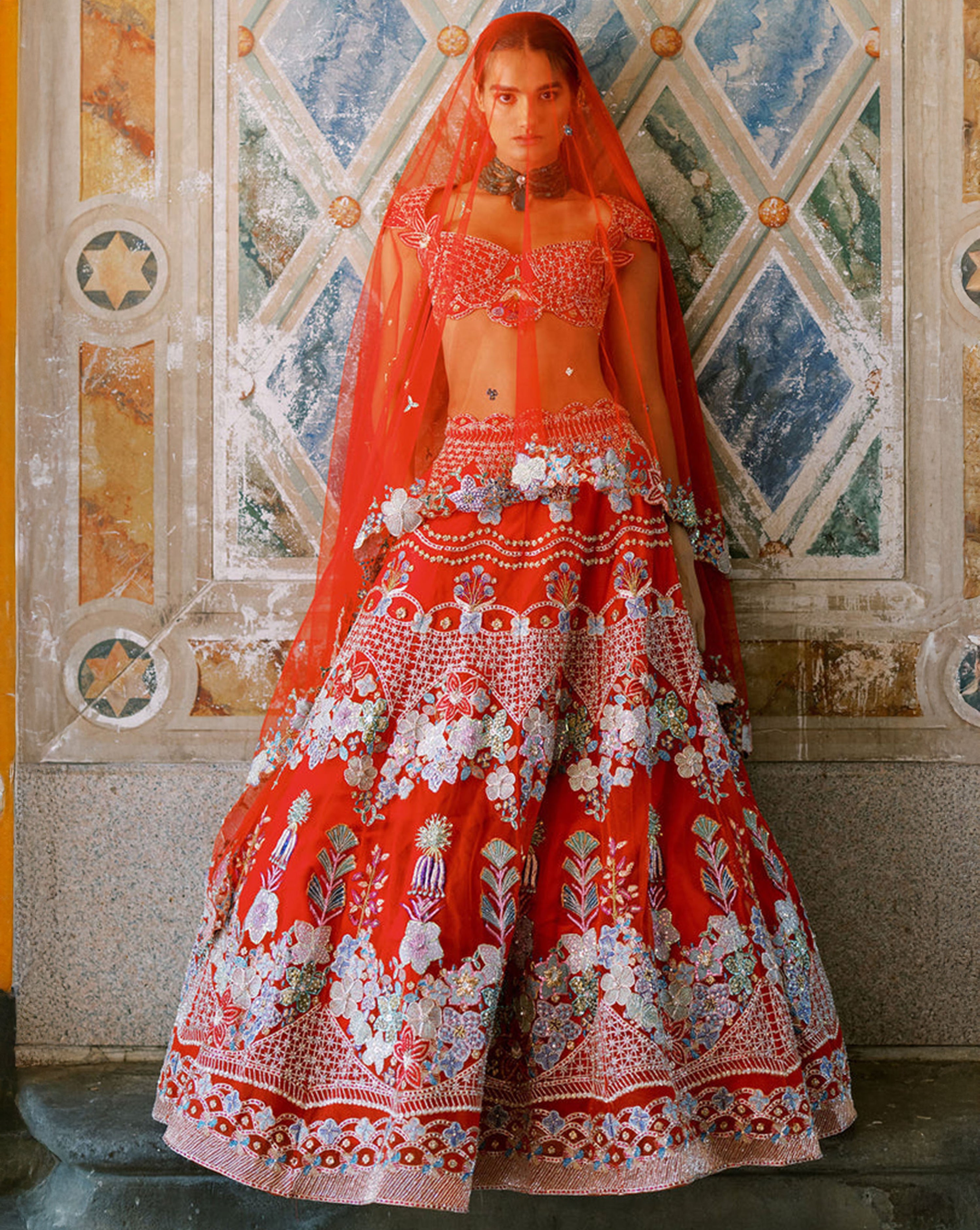 Bryelle - Rosso Corsa Red Tulle Lehenga - Ready to Ship