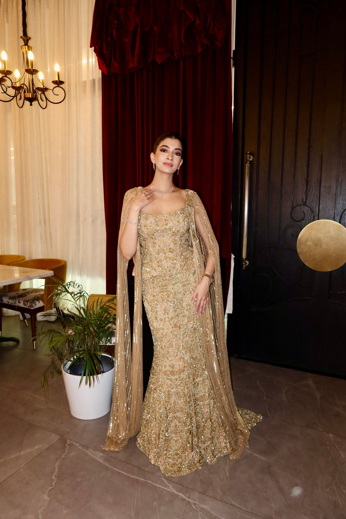 Hana Khan In Goldust Corset Lehenga