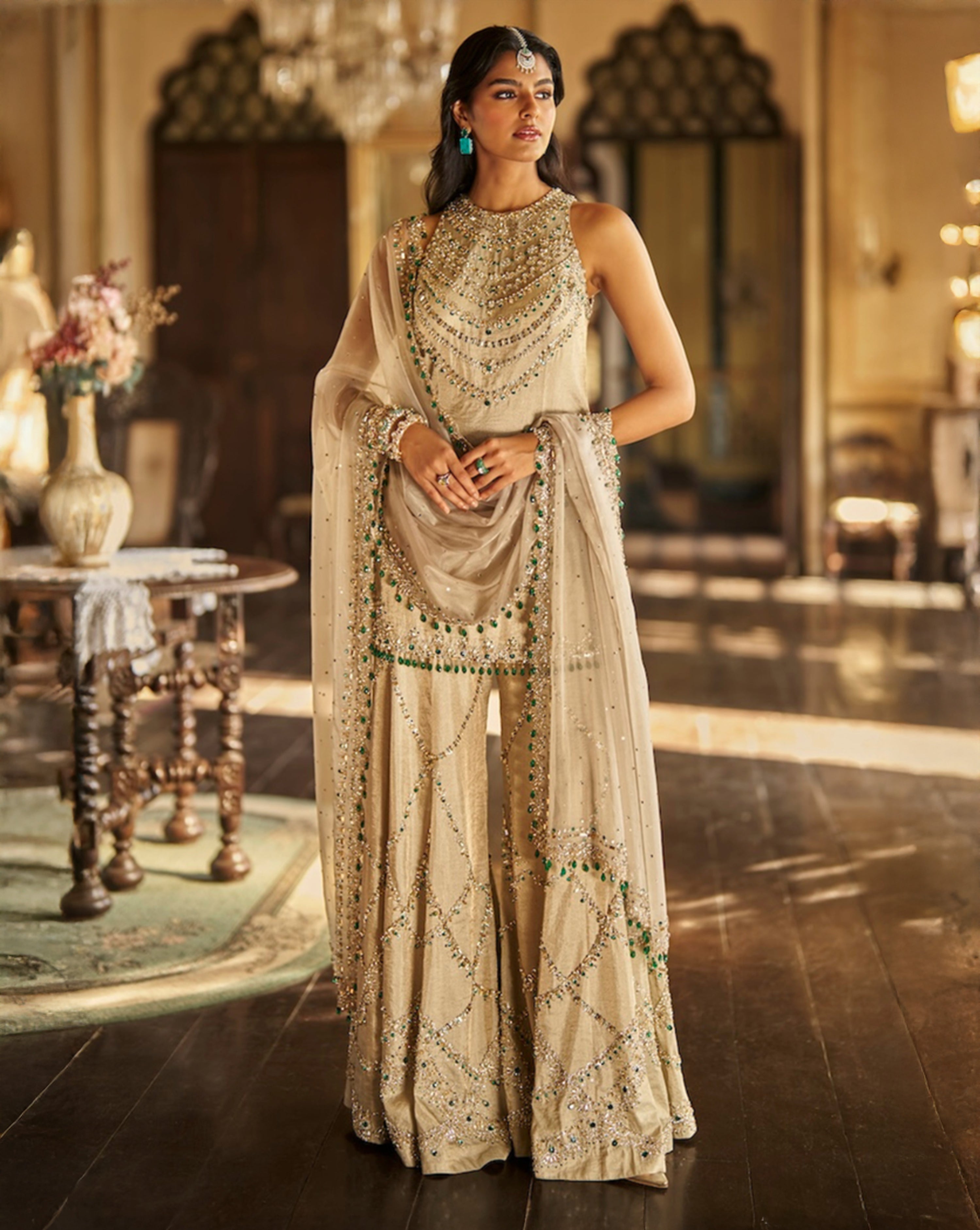 Champagne Emerald Crystal Sharara Set