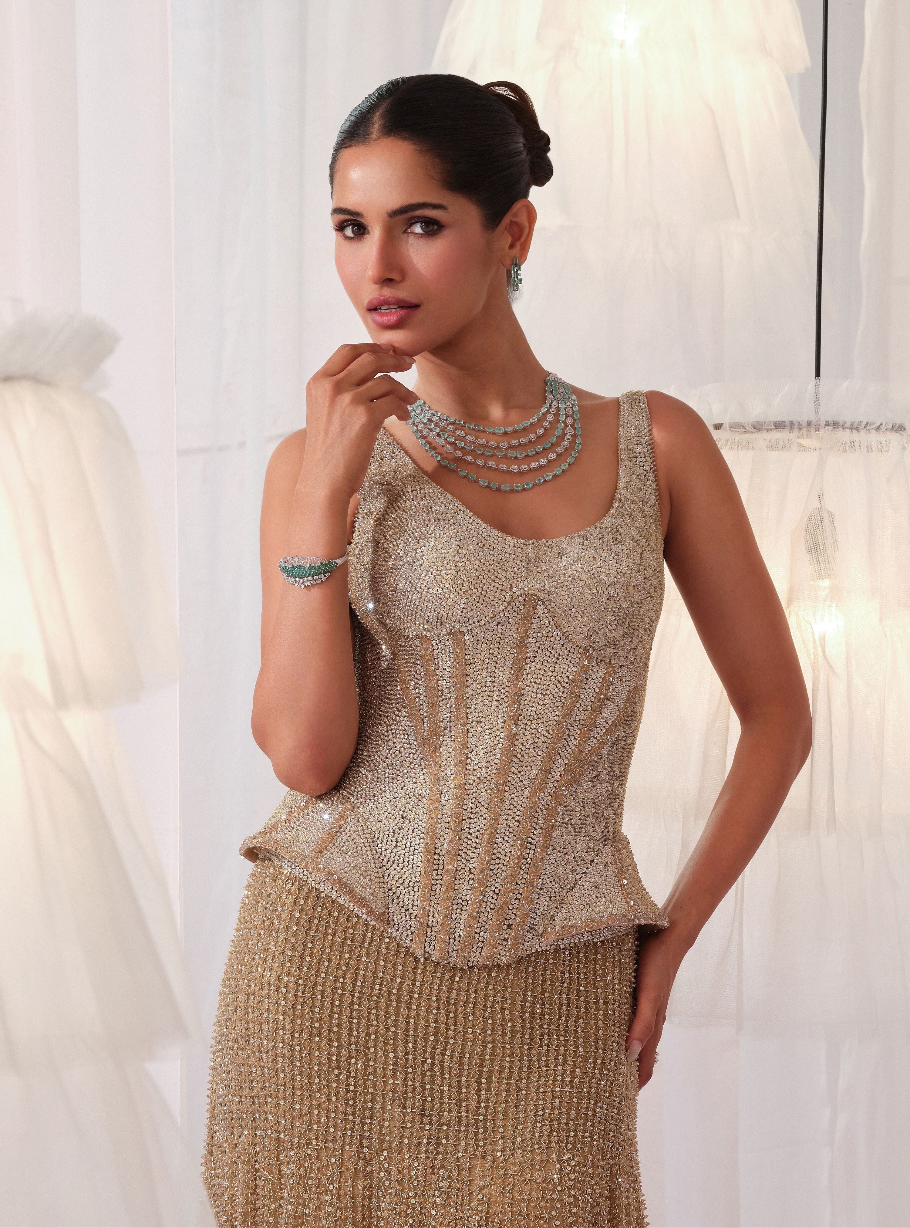 Champagne Gold Corset With Fishcut Lehenga