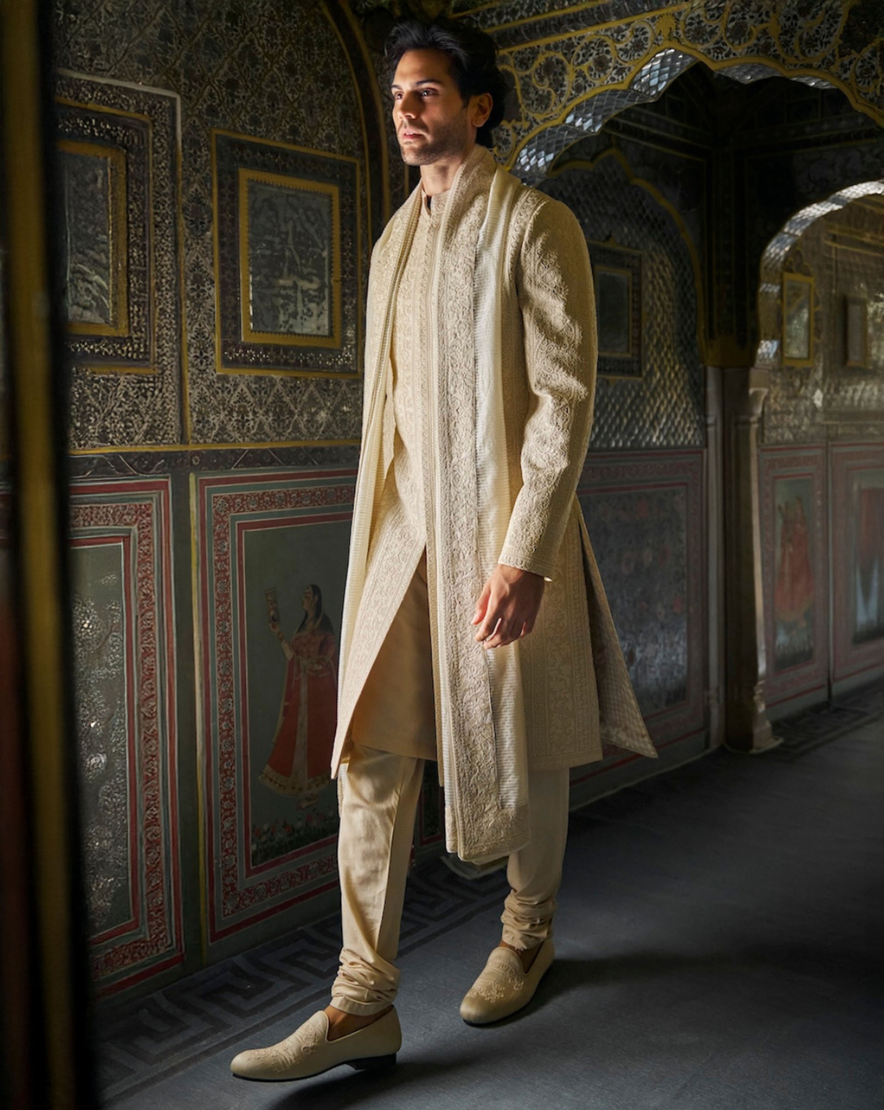 Champagne Thread Work Sherwani Set
