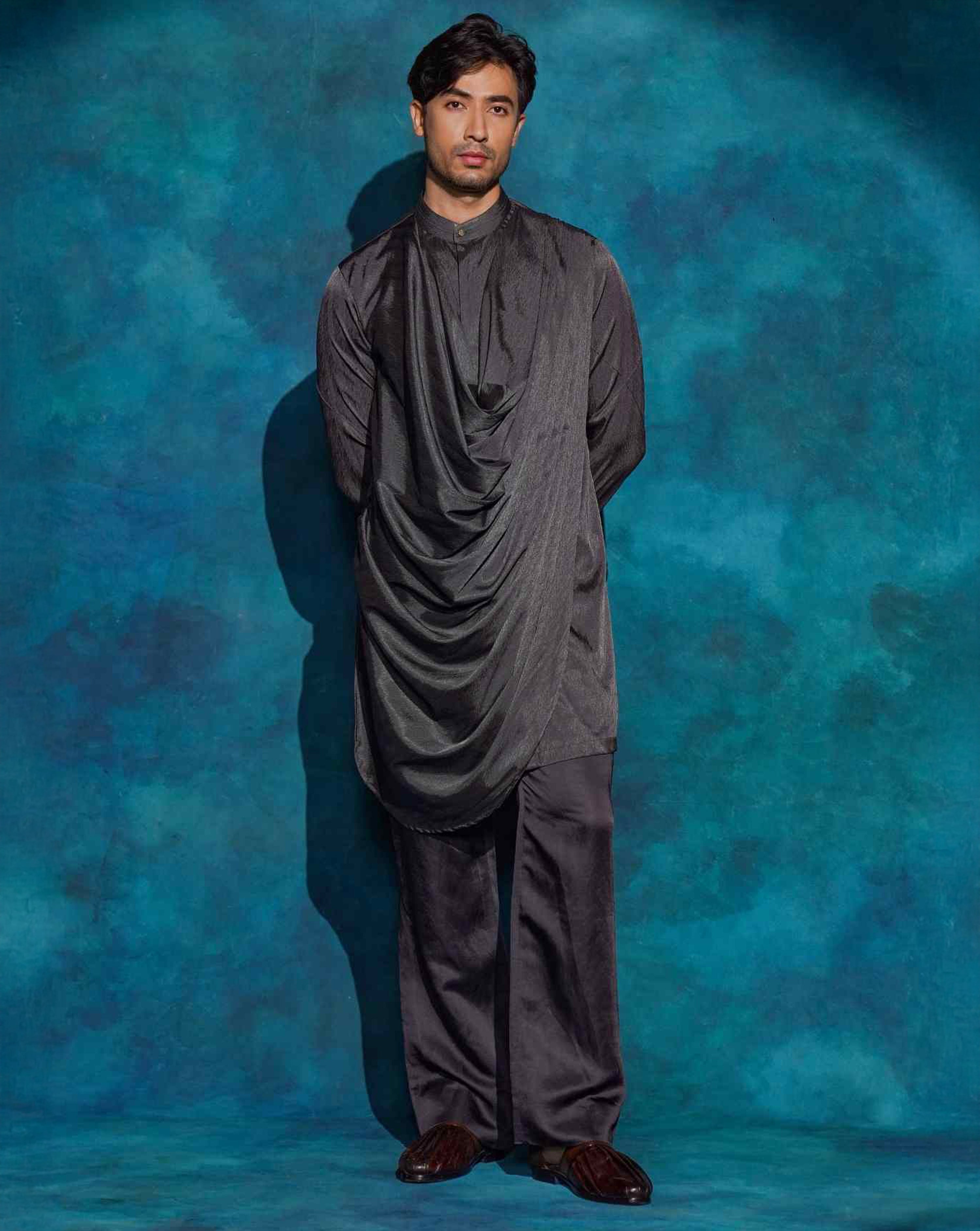 Charcoal Gray Long Drape Kurta Set